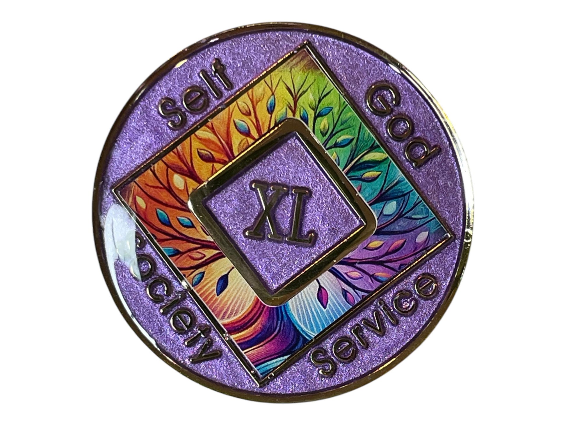 Narcotics Anonymous purple glitter 40-year recovery medallion featuring a vibrant rainbow Tree of Life design with the words ‘Self, God, Society, Service’ symbolizing balance and growth in sobriety.