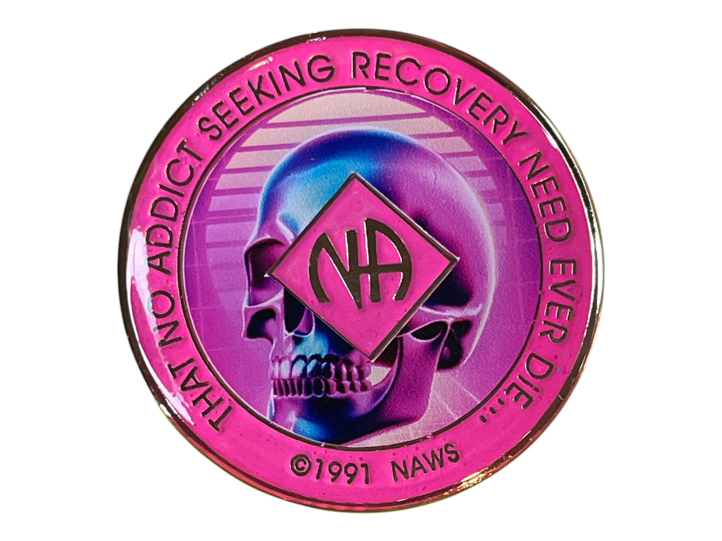 Narcotics Anonymous pink and purple recovery medallion featuring a stylized skull design with the NA logo in the center, symbolizing rebirth, transformation, and overcoming addiction through recovery.