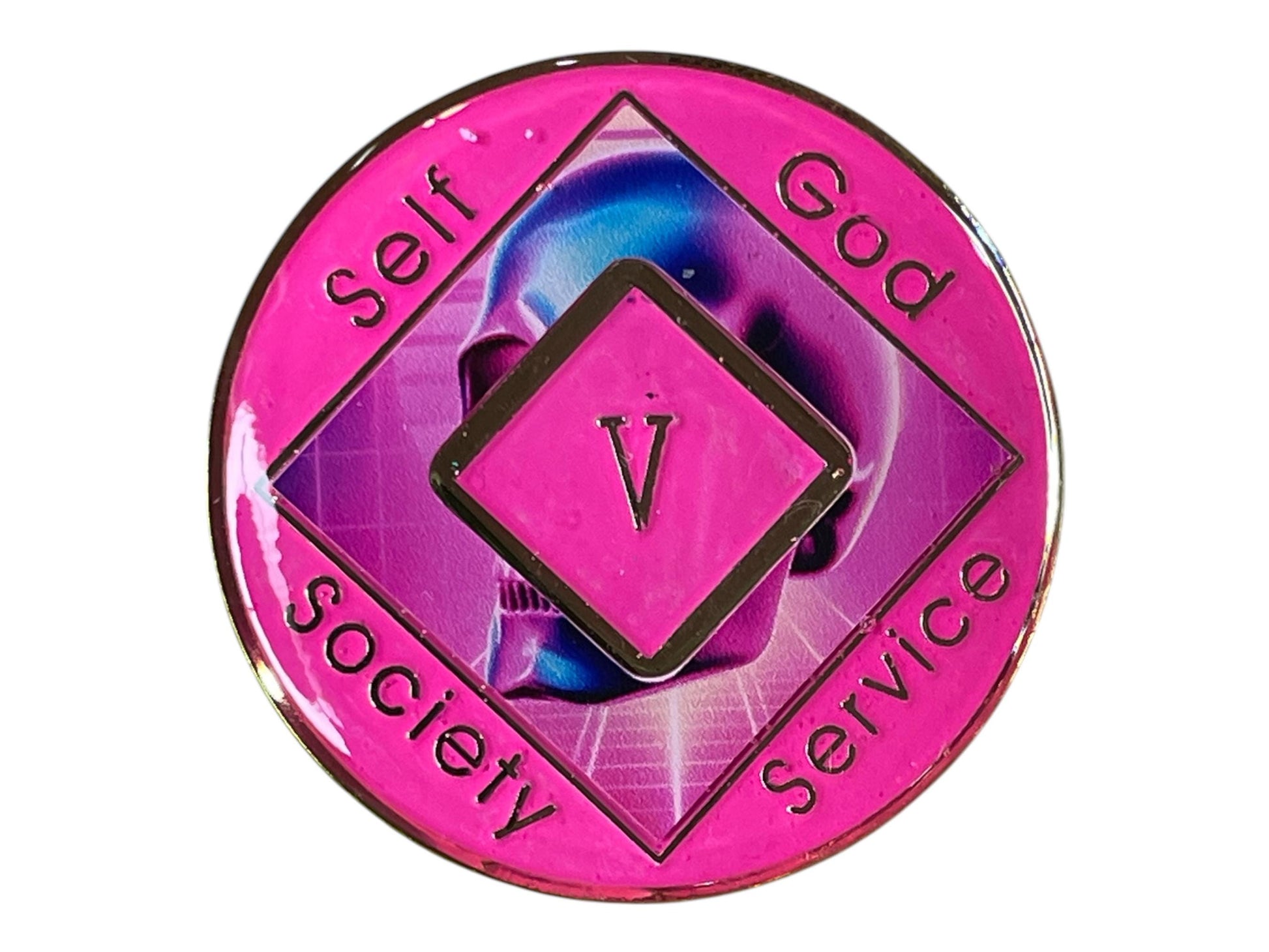 Narcotics Anonymous pink recovery medallion featuring a futuristic skull design with the Roman numeral V in the center diamond, representing five years clean and symbolizing transformation, strength, and continued spiritual growth in recovery.