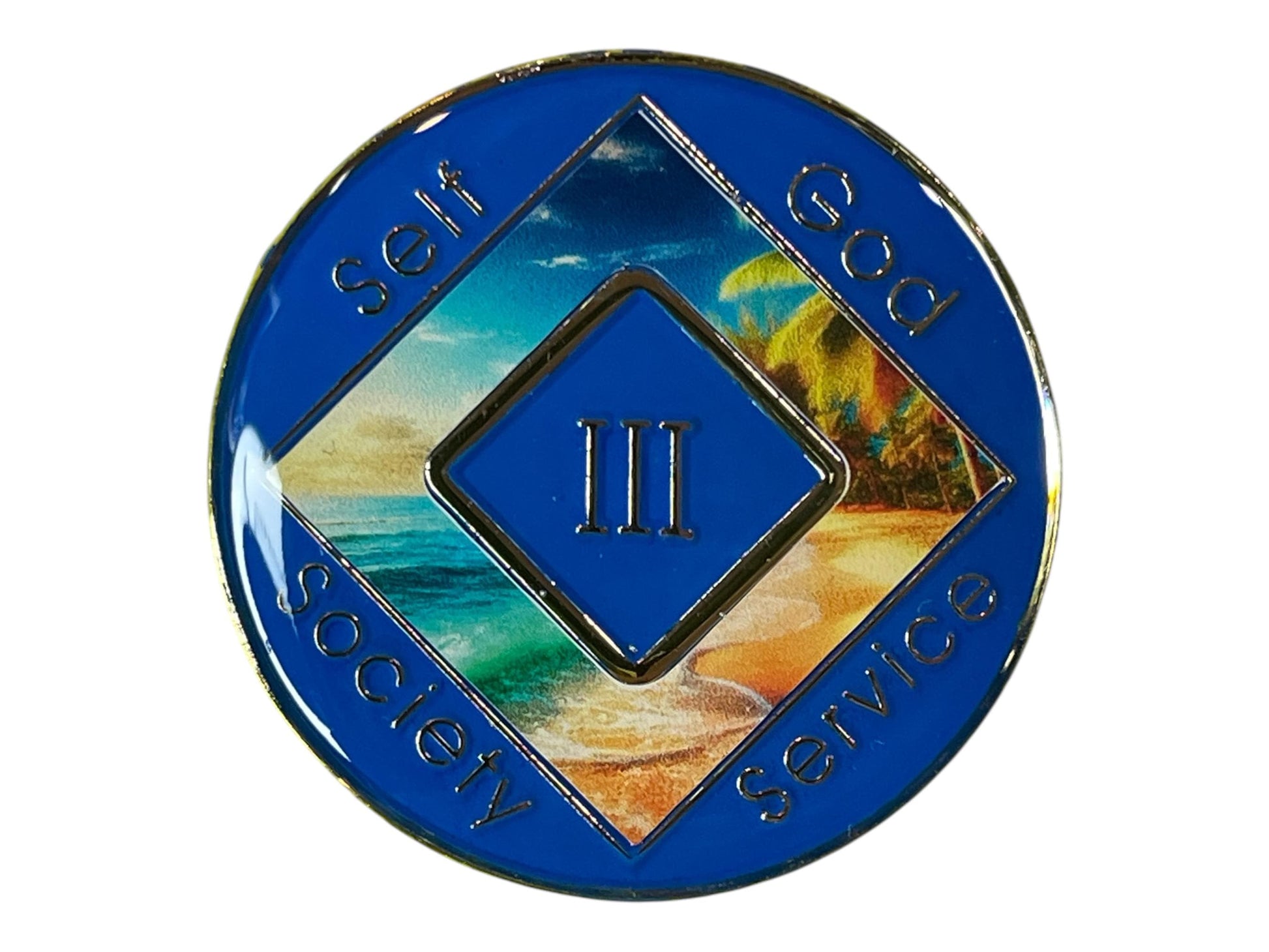 Narcotics Anonymous 3-year sobriety medallion with blue border, tropical beach and ocean wave artwork, and the words Self, God, Society, Service surrounding the Roman numeral III.