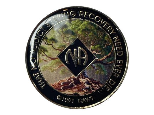 Narcotics Anonymous recovery medallion featuring a majestic tree with deep roots and spreading branches, symbolizing growth, stability, and strength in sobriety, with the NA logo at the center.