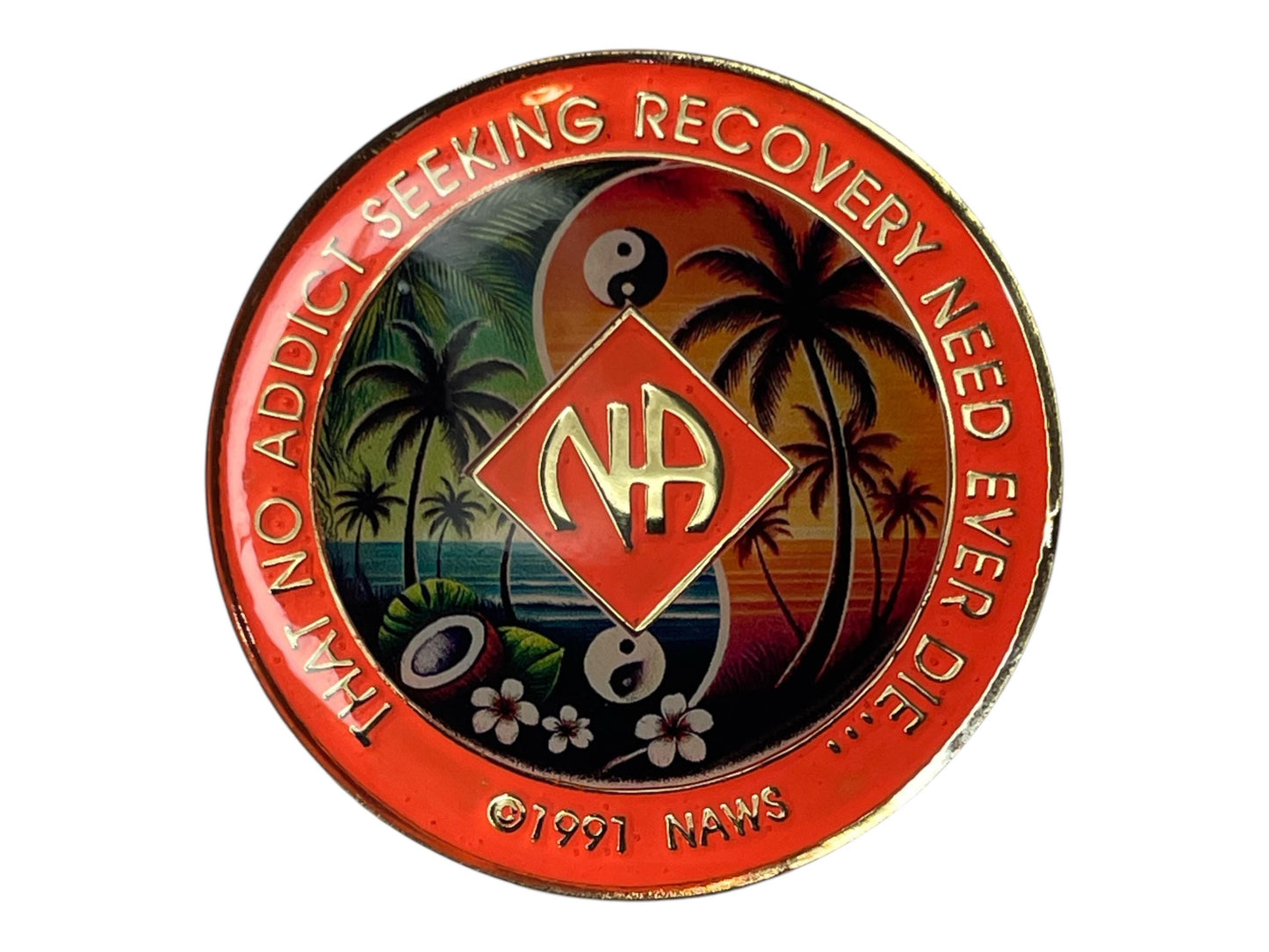 Narcotics Anonymous recovery medallion featuring a tropical beach sunset with palm trees, yin-yang symbols, and coconuts, symbolizing balance, serenity, and unity in addiction recovery.