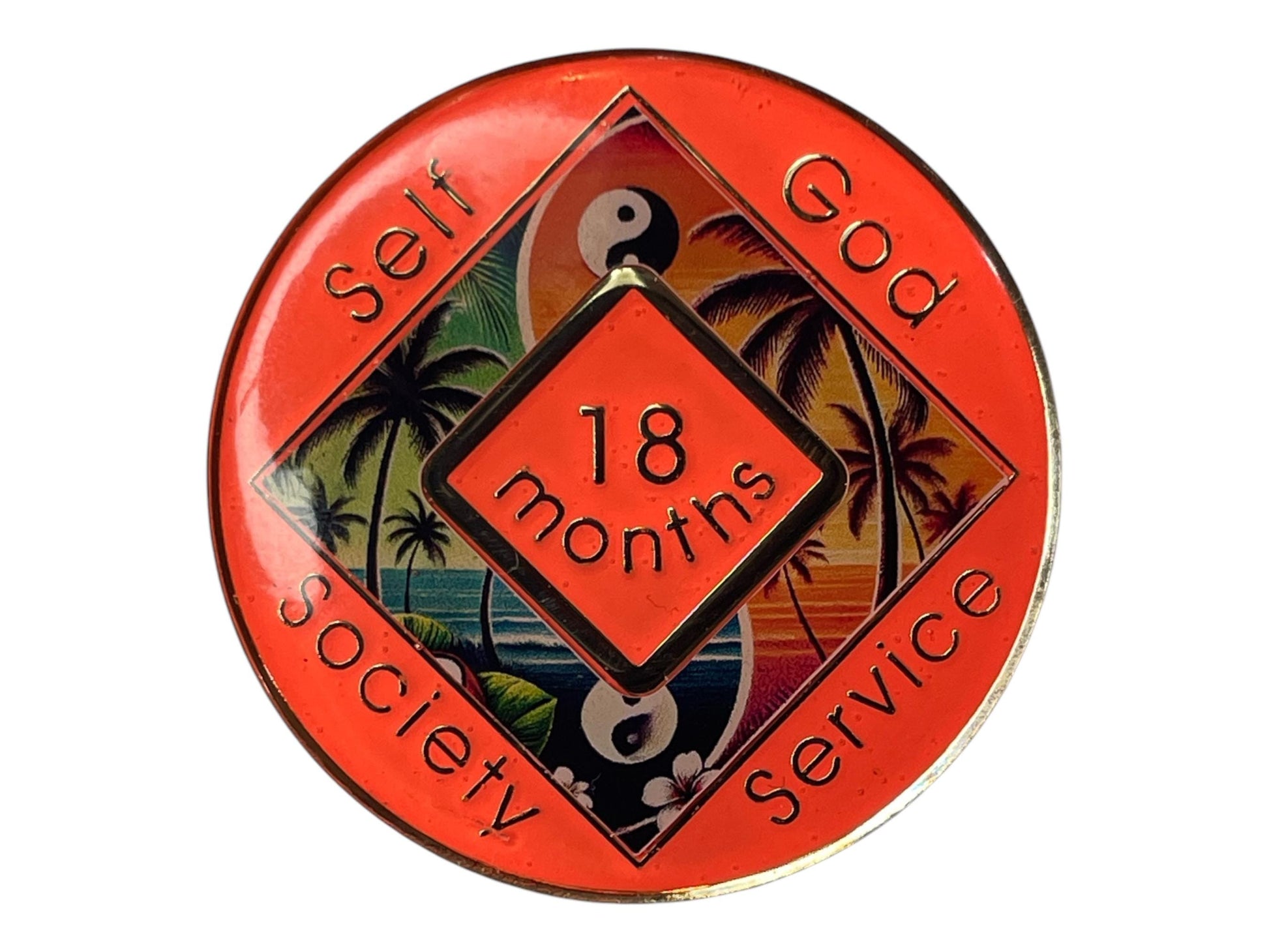 Narcotics Anonymous 18-month recovery medallion with a tropical beach design featuring palm trees, yin-yang symbols, and an ocean sunset background, symbolizing balance, peace, and spiritual growth in sobriety.