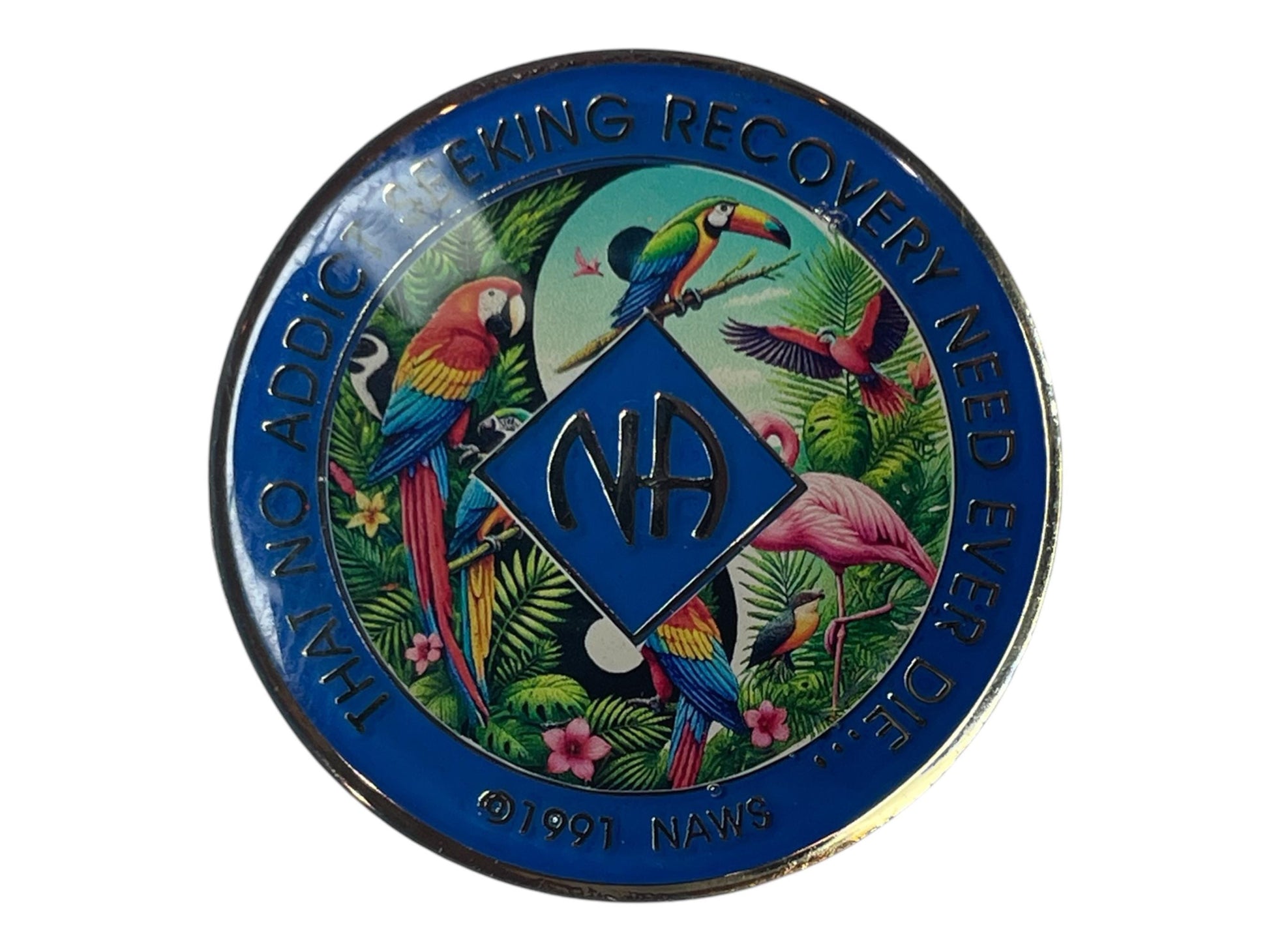 **SEO-Optimized Alt Text:**
Narcotics Anonymous recovery medallion featuring a tropical rainforest design with vibrant parrots, toucan, and flamingos, symbolizing freedom, renewal, and the beauty of recovery in sobriety.