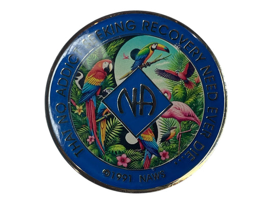**SEO-Optimized Alt Text:**
Narcotics Anonymous recovery medallion featuring a tropical rainforest design with vibrant parrots, toucan, and flamingos, symbolizing freedom, renewal, and the beauty of recovery in sobriety.