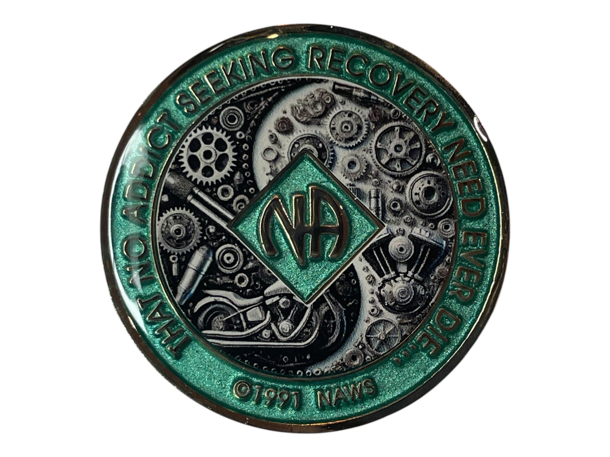 Narcotics Anonymous recovery medallion with green metallic border and intricate steampunk motorcycle and gear design, featuring NA logo and the quote ‘That No Addict Seeking Recovery Need Ever Die’ — symbolizing unity, strength, and perseverance in addiction recovery.