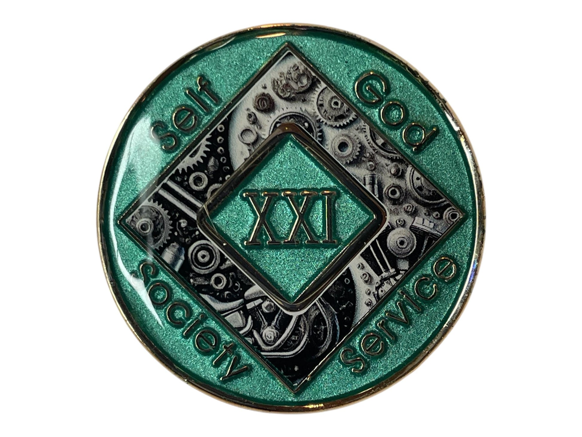 Narcotics Anonymous 21-year recovery medallion featuring metallic green background and detailed steampunk gear and motorcycle design with ‘Self, God, Society, Service’ text — symbolizing progress, unity, and perseverance in addiction recovery.