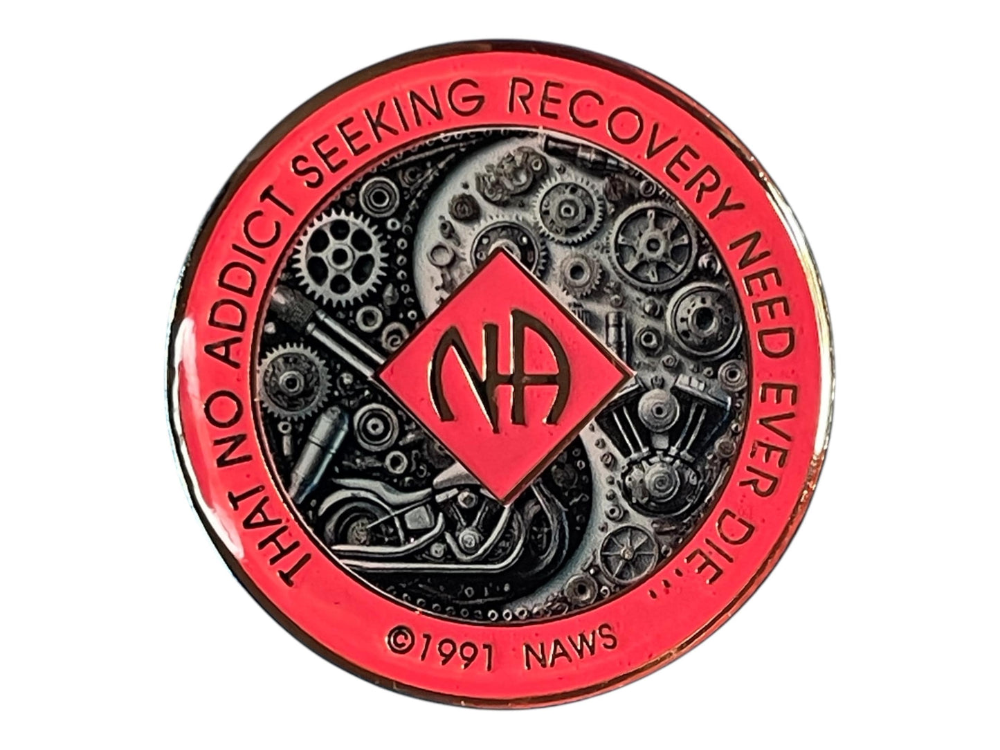 Narcotics Anonymous red recovery medallion featuring detailed motorcycle gears and mechanical artwork with NA logo and quote ‘That no addict seeking recovery need ever die,’ symbolizing resilience, unity, and strength in recovery.