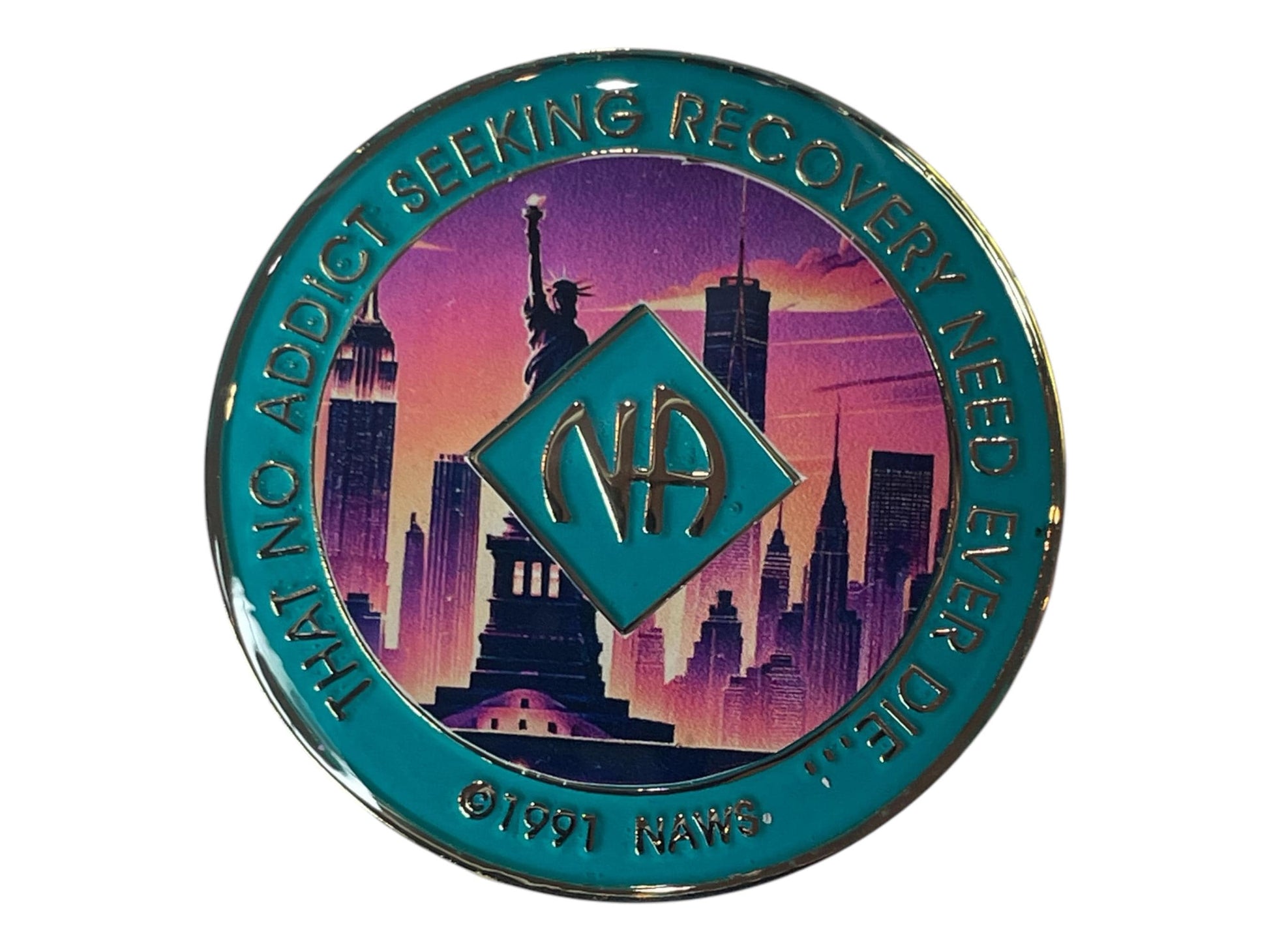 Narcotics Anonymous recovery medallion featuring the Statue of Liberty and New York City skyline in a sunset design, symbolizing freedom, hope, and transformation through addiction recovery.