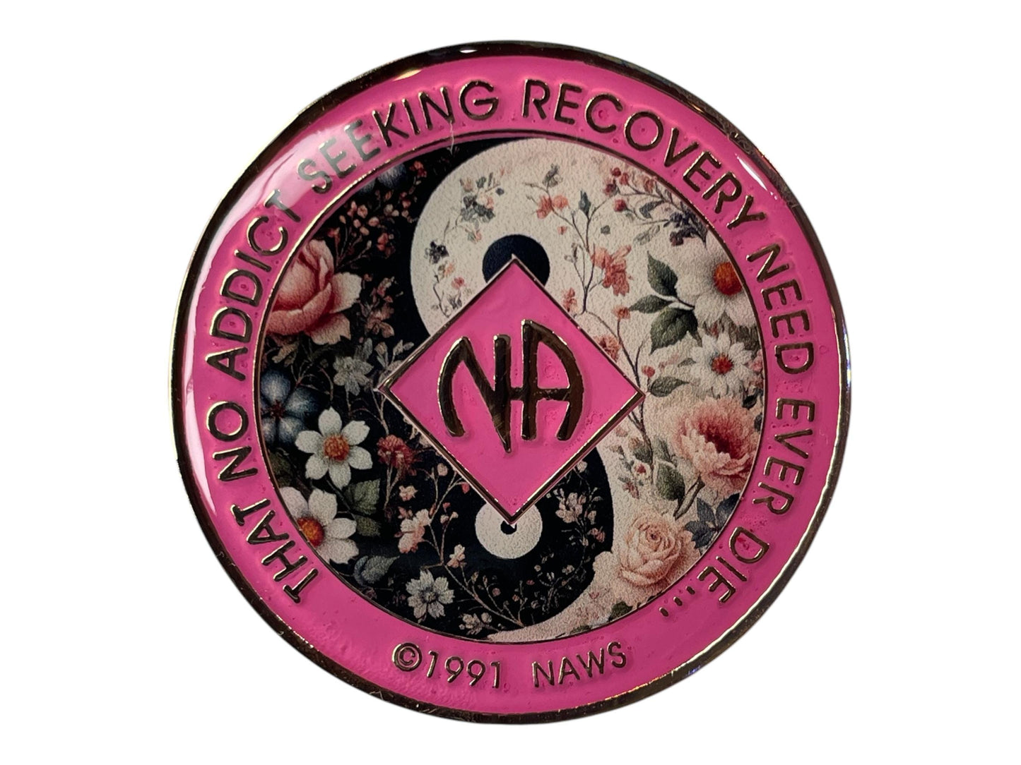Narcotics Anonymous floral yin yang medallion with NA symbol, recovery anniversary coin, sobriety chip, NA token gift, handmade resin medallion for recovery milestone