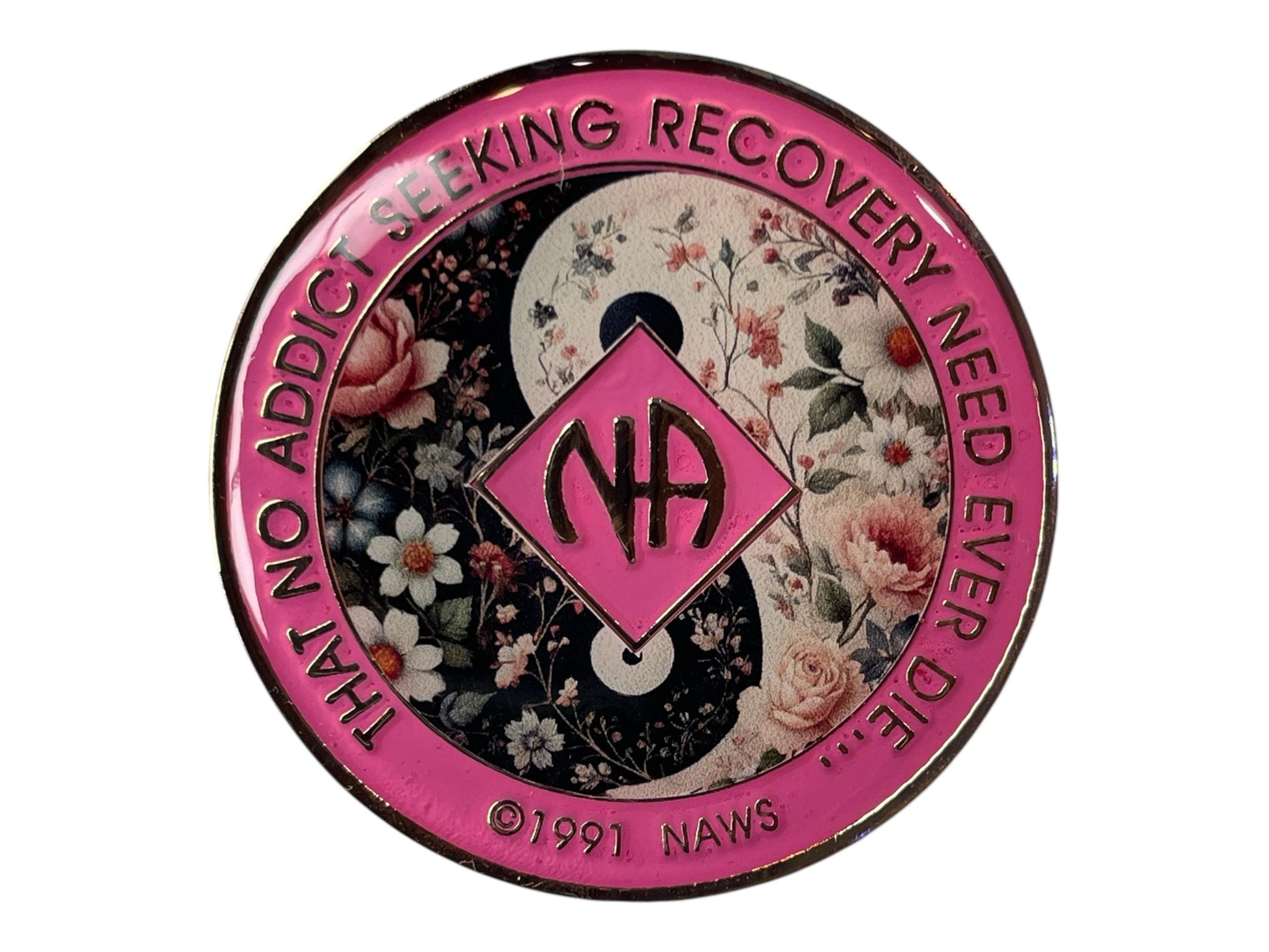 Narcotics Anonymous floral yin yang medallion with NA symbol, recovery anniversary coin, sobriety chip, NA token gift, handmade resin medallion for recovery milestone