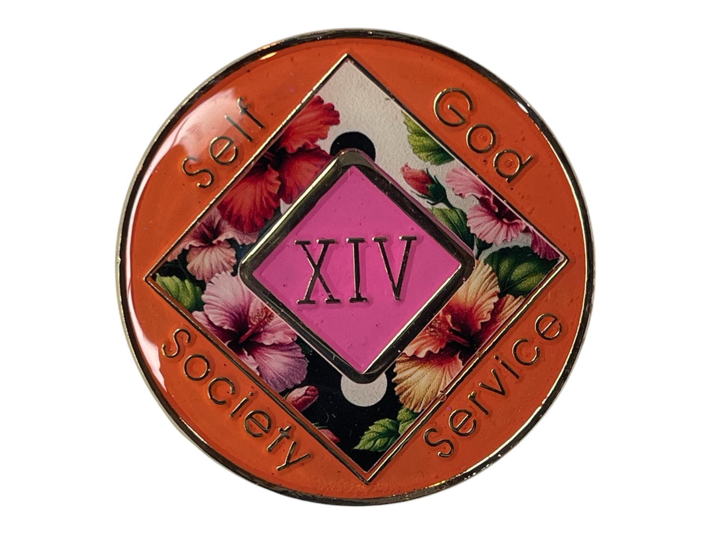 Narcotics Anonymous 14-year recovery medallion featuring a vivid hibiscus flower design over a yin-yang background, symbolizing balance, peace, and growth in recovery. The medallion has a bright orange border engraved with “Self, God, Society, Service,” and a pink diamond center displaying the Roman numeral XIV, representing 14 years clean and continued spiritual progress.