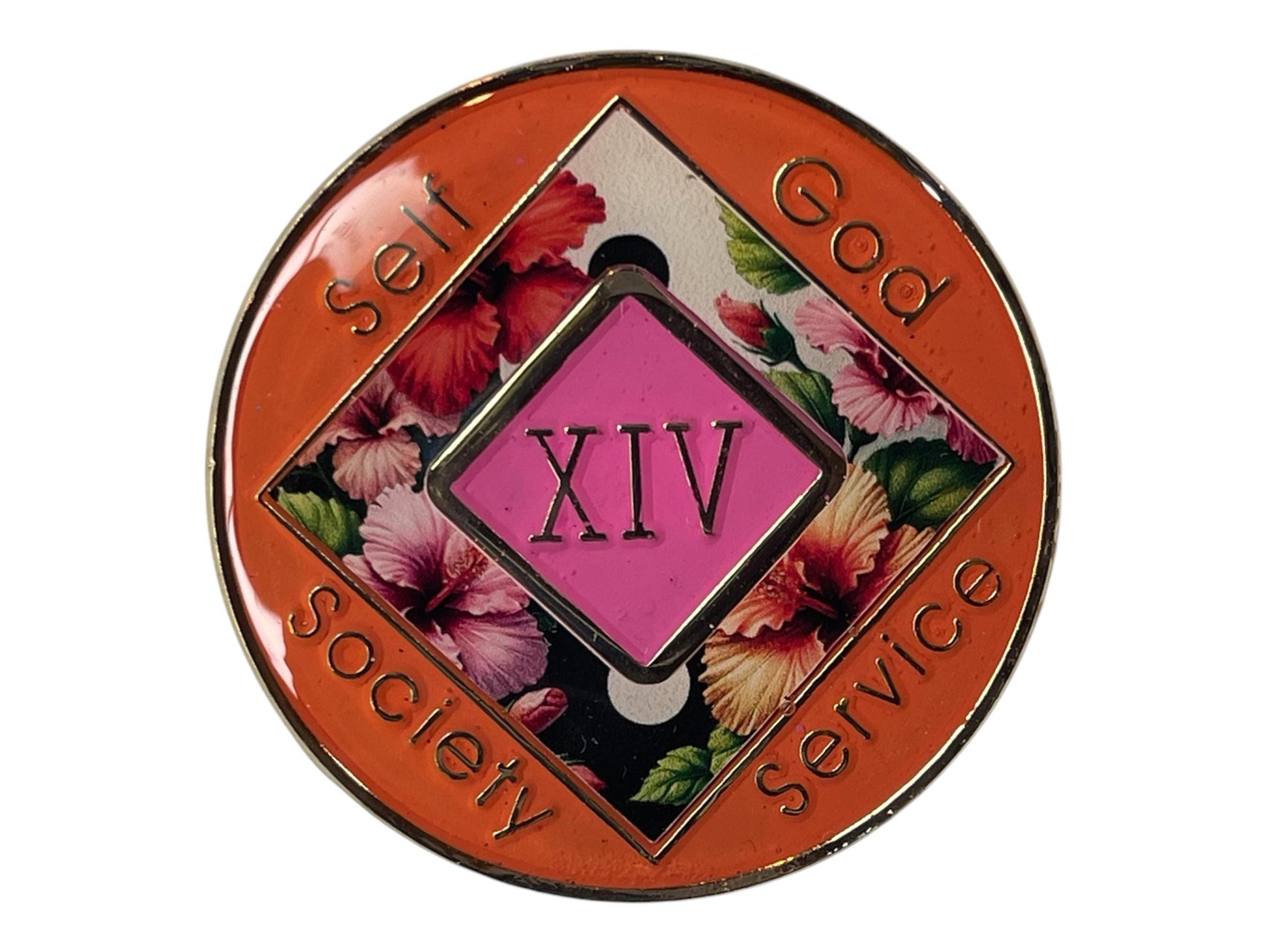 Narcotics Anonymous 14-year recovery medallion featuring a vivid hibiscus flower design over a yin-yang background, symbolizing balance, peace, and growth in recovery. The medallion has a bright orange border engraved with “Self, God, Society, Service,” and a pink diamond center displaying the Roman numeral XIV, representing 14 years clean and continued spiritual progress.