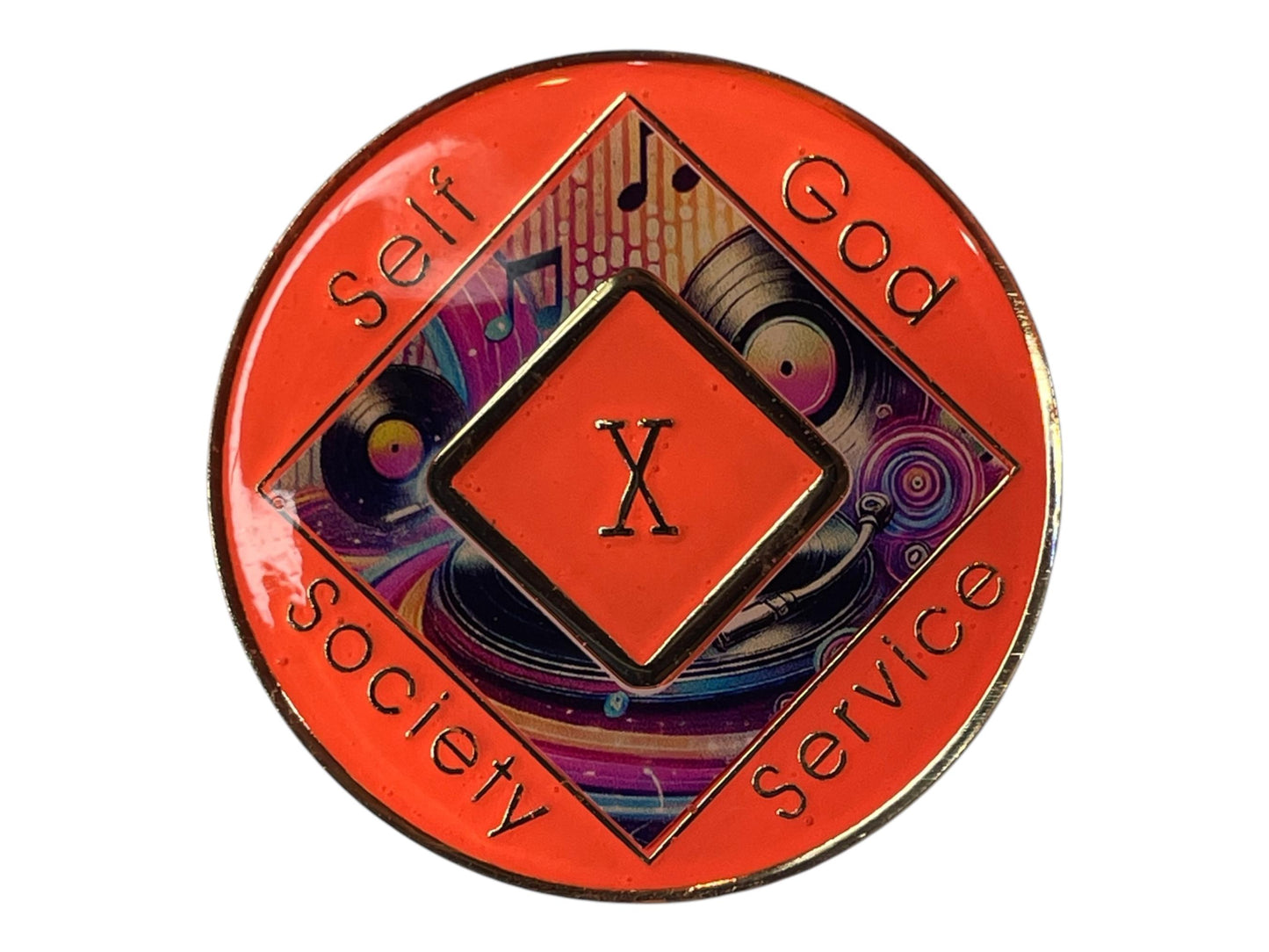 Narcotics Anonymous 10-year sobriety medallion with vibrant orange border, music-themed artwork featuring vinyl records and musical notes, and the words Self, God, Society, Service surrounding the Roman numeral X.