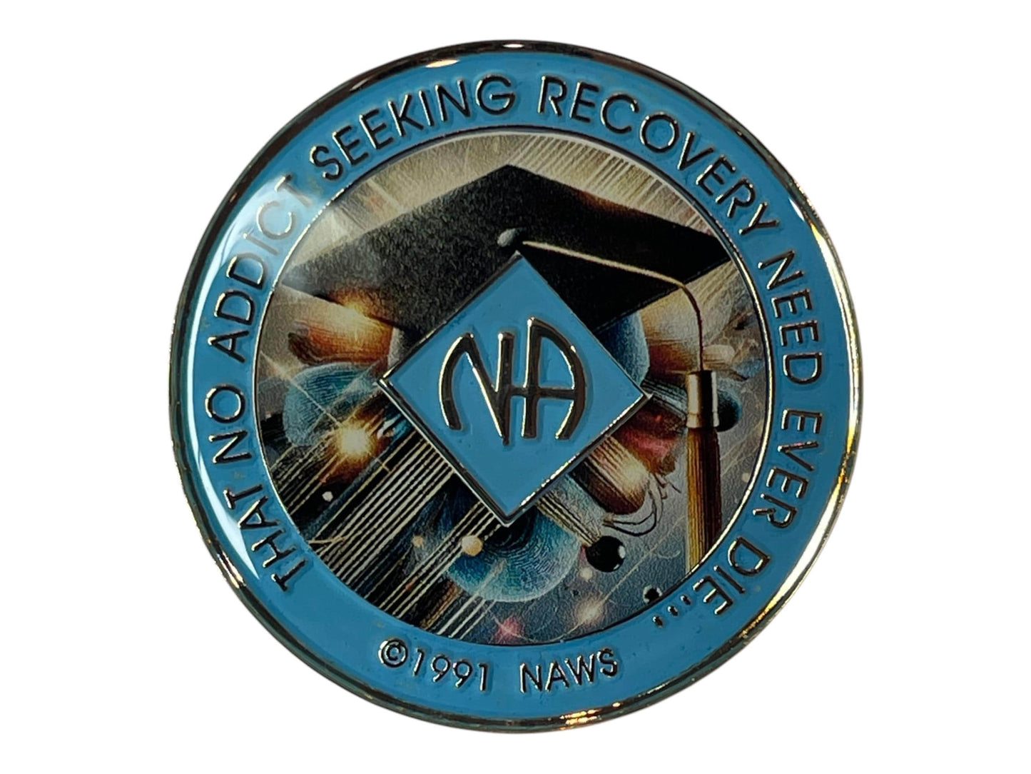 Narcotics Anonymous recovery medallion featuring a graduation cap and diploma design, symbolizing achievement, growth, and the continuous pursuit of knowledge and freedom in sobriety.