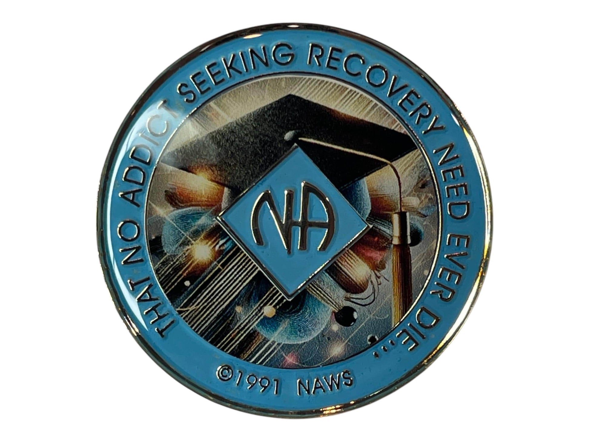 Narcotics Anonymous recovery medallion featuring a graduation cap and diploma design, symbolizing achievement, growth, and the continuous pursuit of knowledge and freedom in sobriety.
