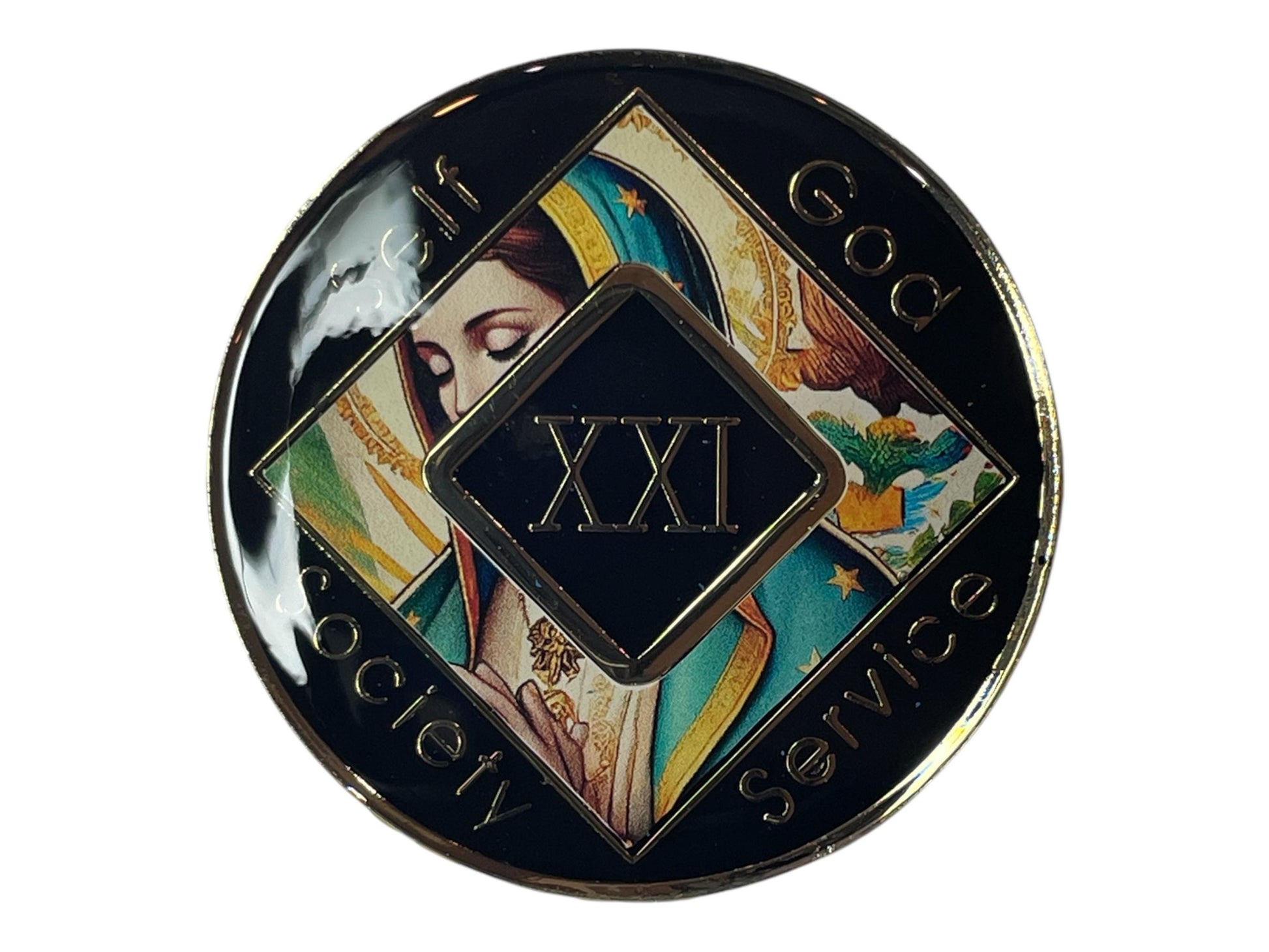 Narcotics Anonymous 21-year black recovery medallion featuring the Virgin of Guadalupe design with the NA logo, representing faith, devotion, and spiritual growth in long-term sobriety.