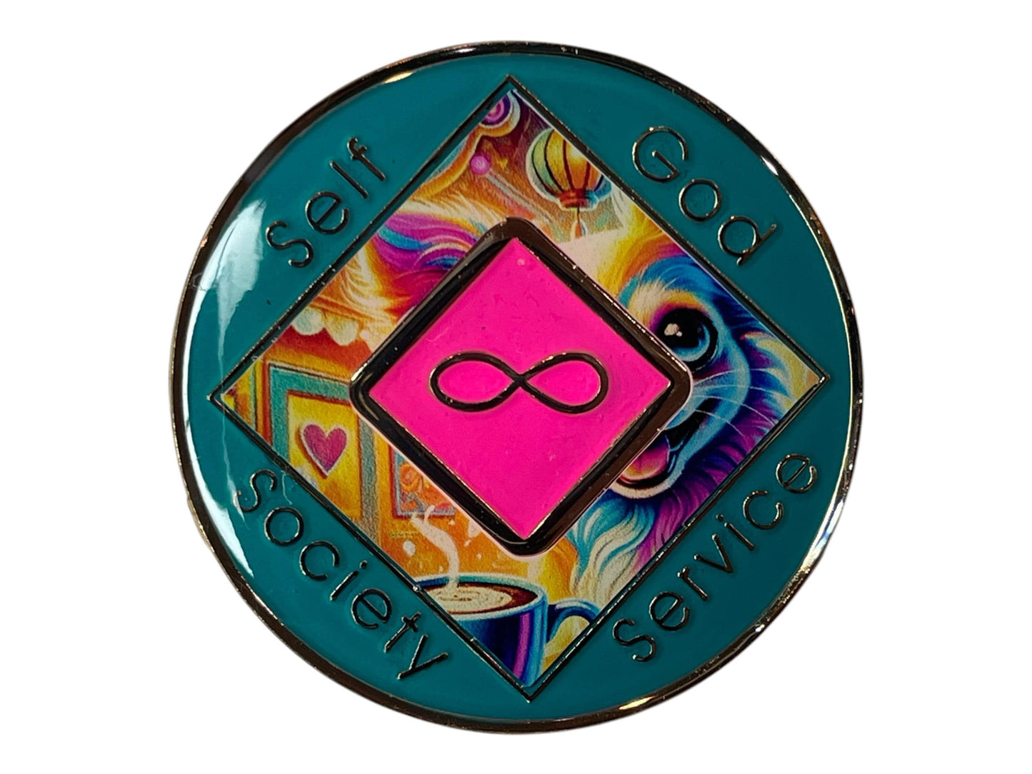 Narcotics Anonymous infinity-year sobriety medallion with teal border, NA diamond logo, and colorful artwork of a cheerful dog with a coffee cup, featuring the words Self, God, Society, Service surrounding the infinity symbol.