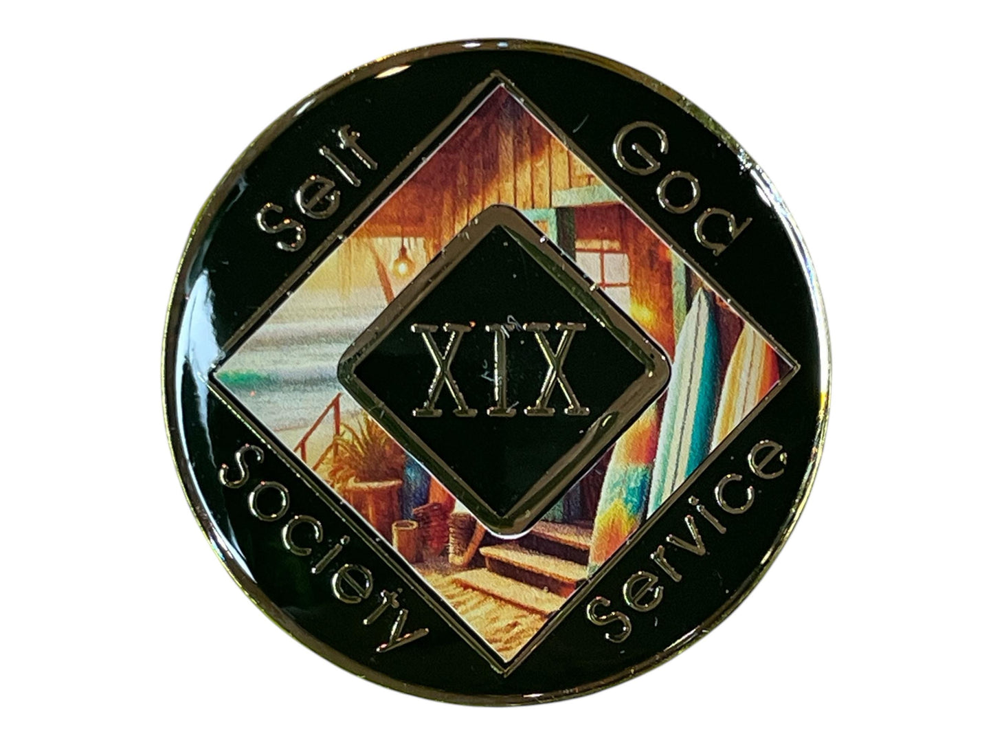 Narcotics Anonymous 19-year black recovery medallion featuring a tropical surf shack with colorful surfboards and ocean waves, symbolizing peace and balance in sobriety, with engraved words “Self, God, Society, Service” and Roman numeral XIX.