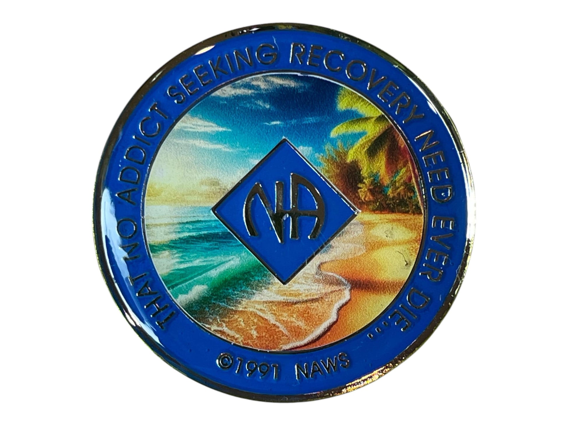 Narcotics Anonymous recovery medallion with blue border, NA diamond logo, and tropical beach artwork featuring ocean waves, palm trees, and sunset, with the phrase ‘That No Addict Seeking Recovery Need Ever Die.’