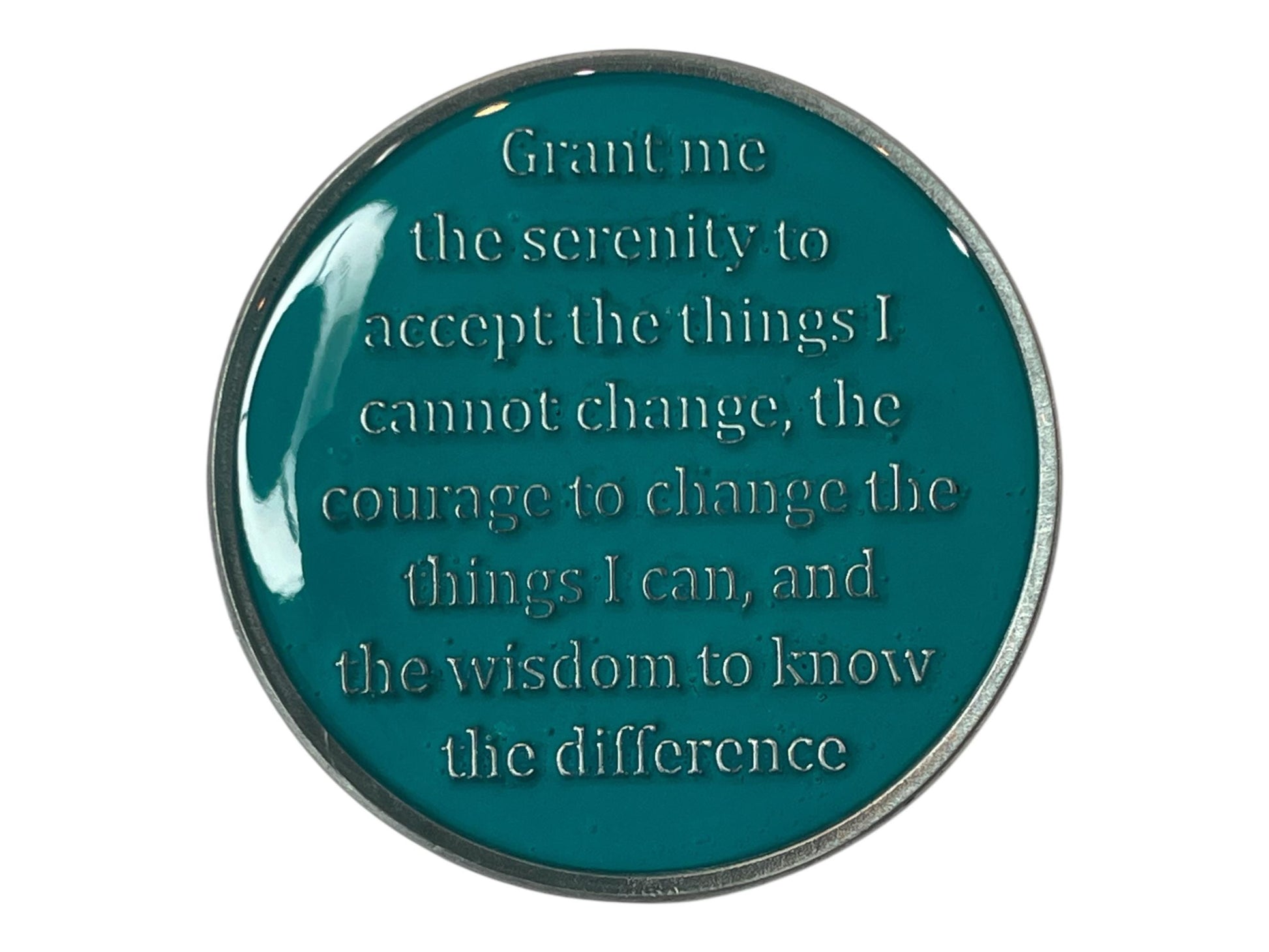 Teal AA medallion with the Serenity Prayer engraved in silver text, Alcoholics Anonymous sobriety token, inspirational recovery chip, faith and courage quote coin, spiritual AA gift for sobriety anniversary.