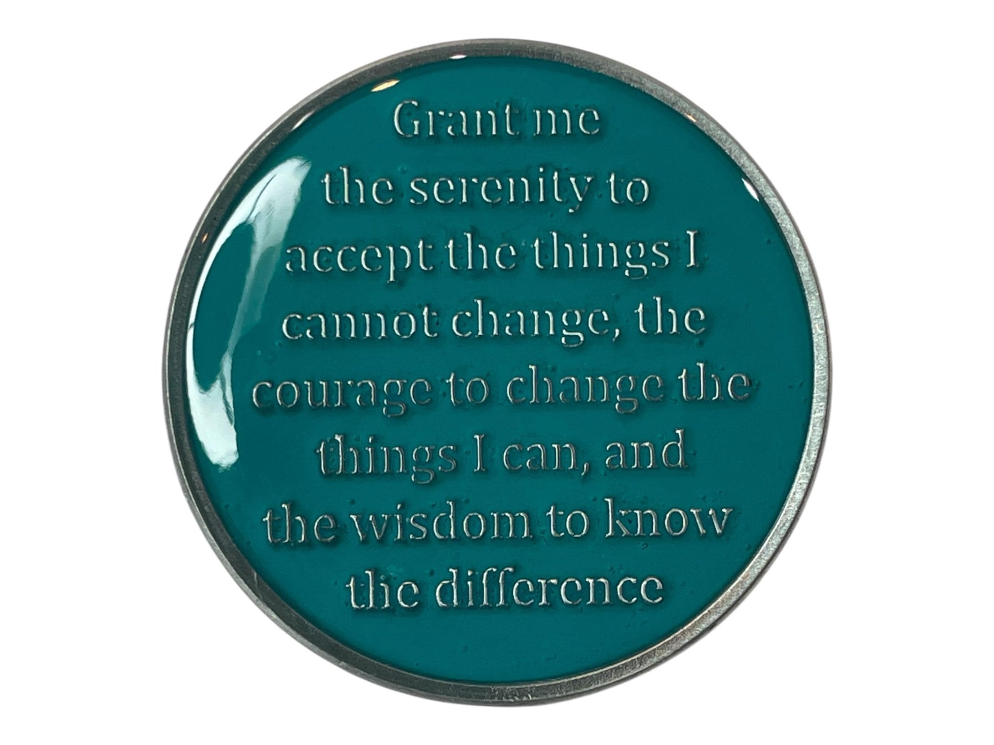 Teal AA medallion engraved with the Serenity Prayer: “Grant me the serenity to accept the things I cannot change, the courage to change the things I can, and the wisdom to know the difference.” A symbol of peace, strength, and spiritual growth in recovery.