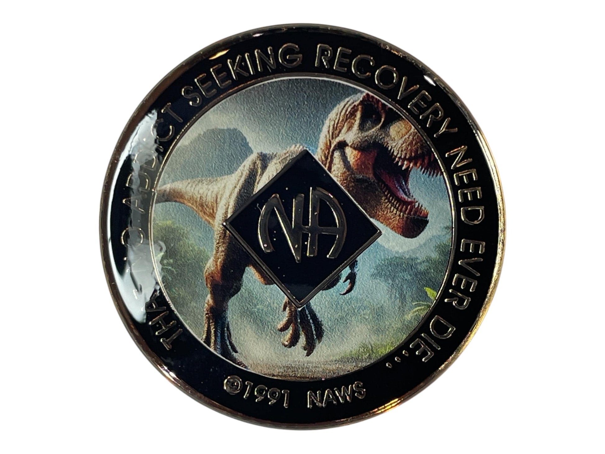 Narcotics Anonymous recovery medallion featuring a roaring T-Rex dinosaur set against a prehistoric jungle backdrop. The coin has a bold black border engraved with “That No Addict Seeking Recovery Need Ever Die,” representing power, survival, and strength in recovery.