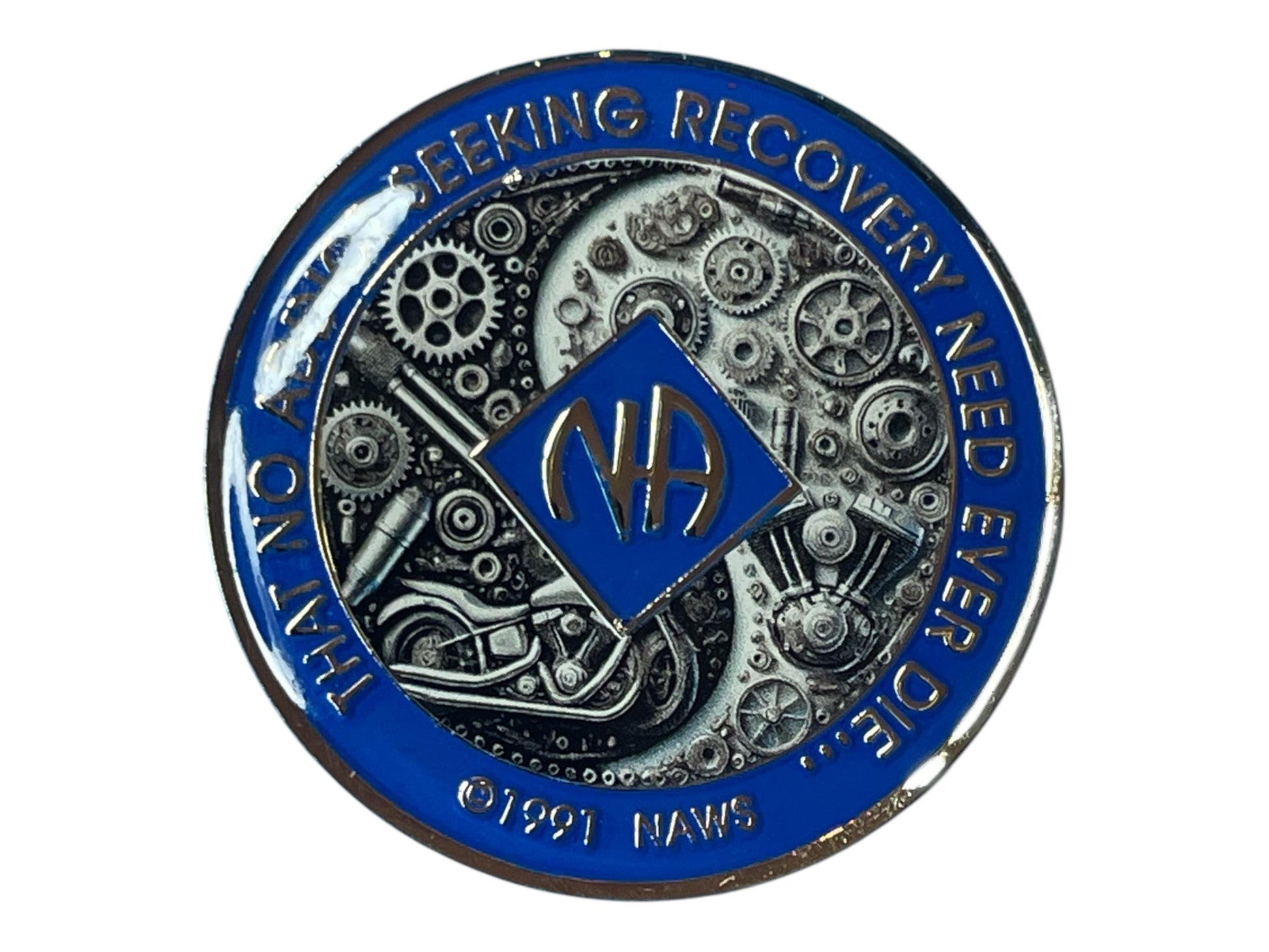 Narcotics Anonymous blue recovery medallion featuring detailed mechanical gears and motorcycle artwork with NA logo and the quote ‘That no addict seeking recovery need ever die,’ symbolizing strength, perseverance, and freedom in recovery