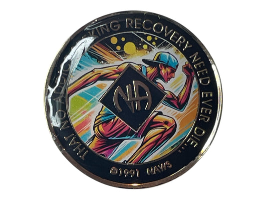 Narcotics Anonymous black and multicolor recovery medallion featuring a dynamic runner design symbolizing perseverance, strength, and forward momentum in sobriety, with the NA logo and the phrase “That No Addict Seeking Recovery Need Ever Die” around the border.