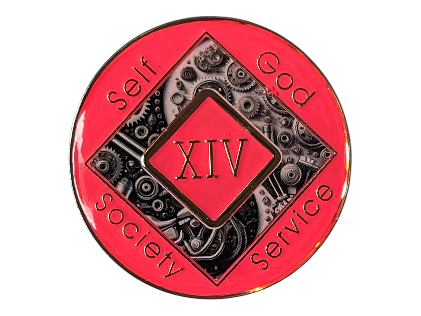 Narcotics Anonymous 14-year recovery medallion with red enamel finish, intricate mechanical gear design, and the words Self, God, Society, and Service symbolizing balance, strength, and dedication in long-term recovery.