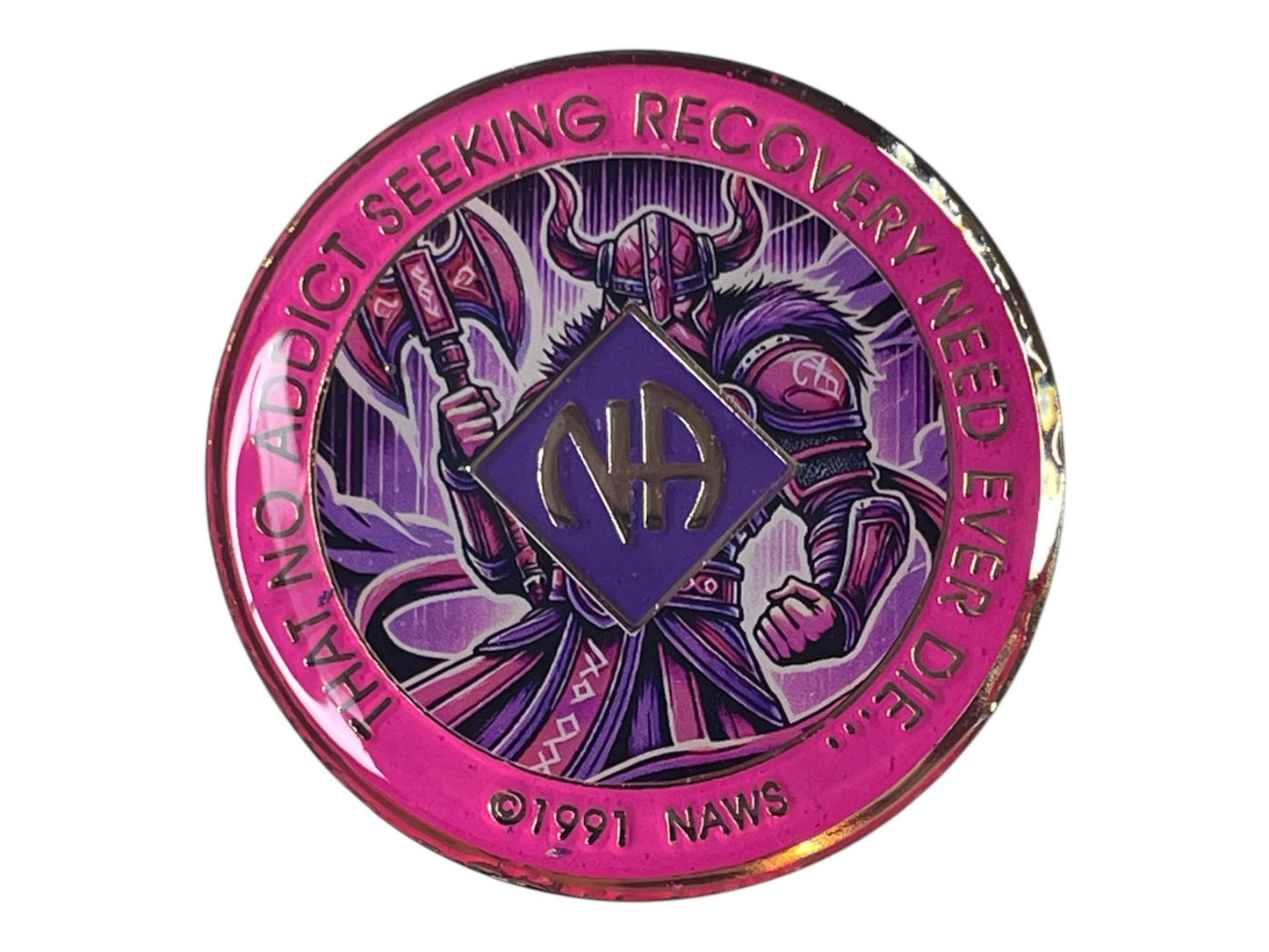 Narcotics Anonymous pink and purple recovery medallion featuring a powerful Viking warrior with a double-bladed axe, symbolizing strength, courage, and resilience in addiction recovery, with the NA logo and the phrase “That No Addict Seeking Recovery Need Ever Die.”