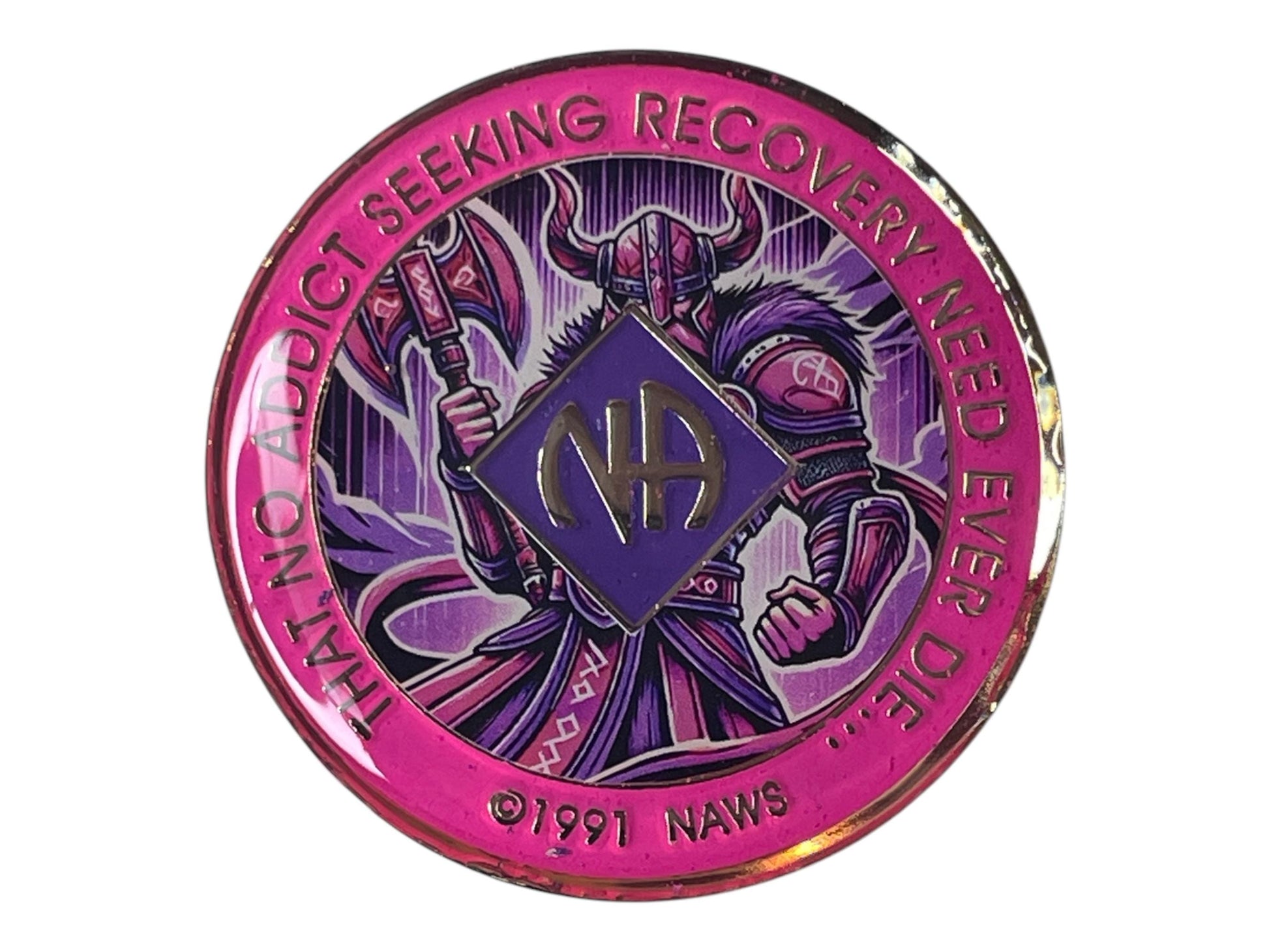 Narcotics Anonymous pink and purple recovery medallion featuring a powerful Viking warrior with a double-bladed axe, symbolizing strength, courage, and resilience in addiction recovery, with the NA logo and the phrase “That No Addict Seeking Recovery Need Ever Die.”
