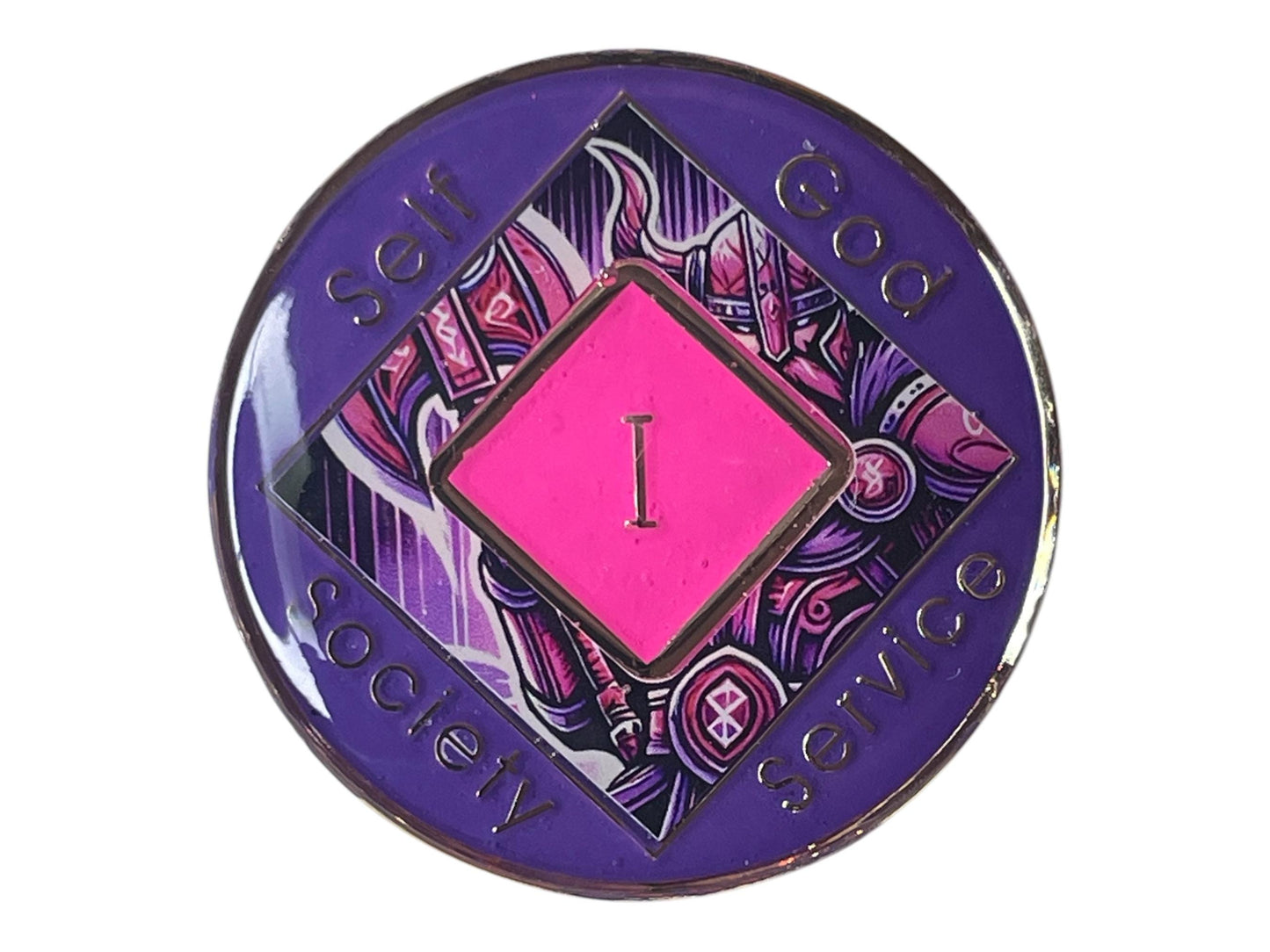 Narcotics Anonymous purple and pink 1-year recovery medallion featuring a fierce Viking warrior design, symbolizing courage, perseverance, and personal growth in sobriety, with the NA logo and words Self, God, Society, and Service.