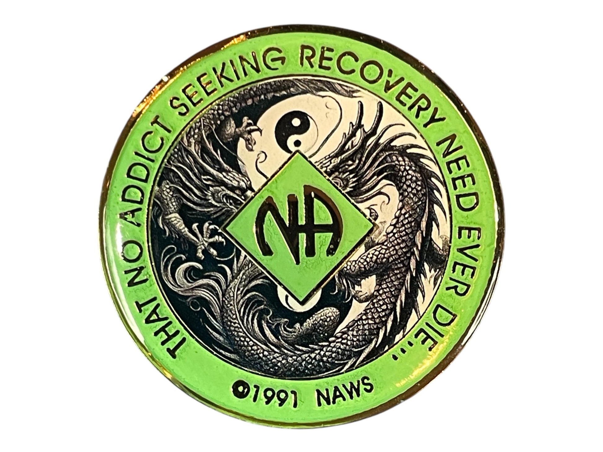 Narcotics Anonymous recovery medallion featuring a detailed black dragon with a yin-yang symbol on a green background, symbolizing balance, power, and spiritual transformation in addiction recovery.