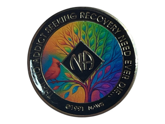 Narcotics Anonymous recovery medallion featuring a vibrant rainbow-colored tree of life and a red cardinal bird. The NA logo is centered, surrounded by the inscription “That No Addict Seeking Recovery Need Ever Die,” symbolizing hope, spiritual growth, and renewal in recovery.