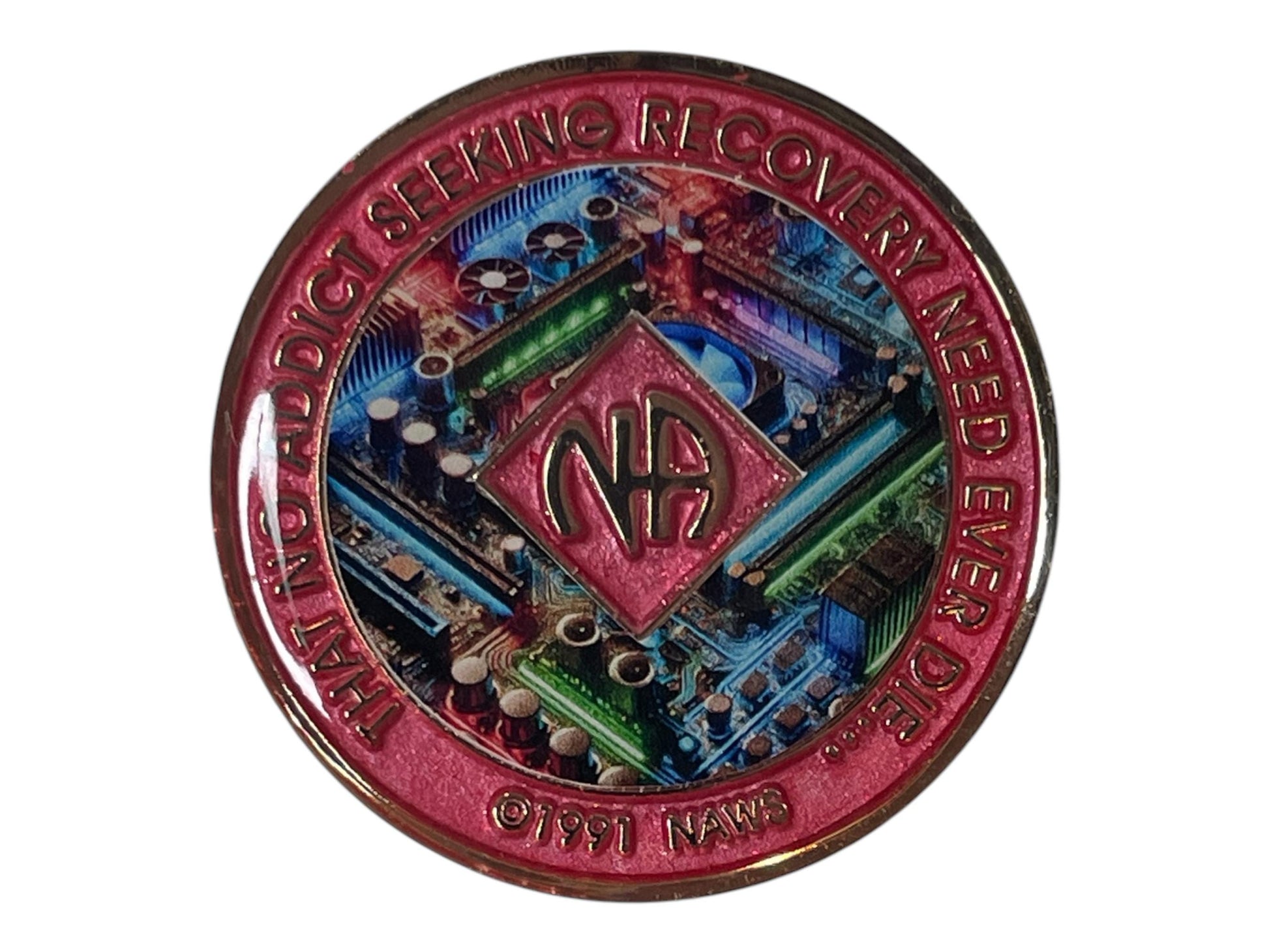 Narcotics Anonymous 1-year recovery medallion featuring a pink background with a vibrant circuit board design, symbolizing connection, renewal, and balance through self, God, society, and service in sobriety.