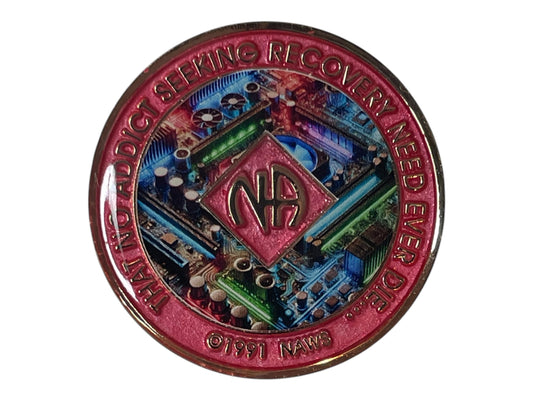Narcotics Anonymous 1-year recovery medallion featuring a pink background with a vibrant circuit board design, symbolizing connection, renewal, and balance through self, God, society, and service in sobriety.