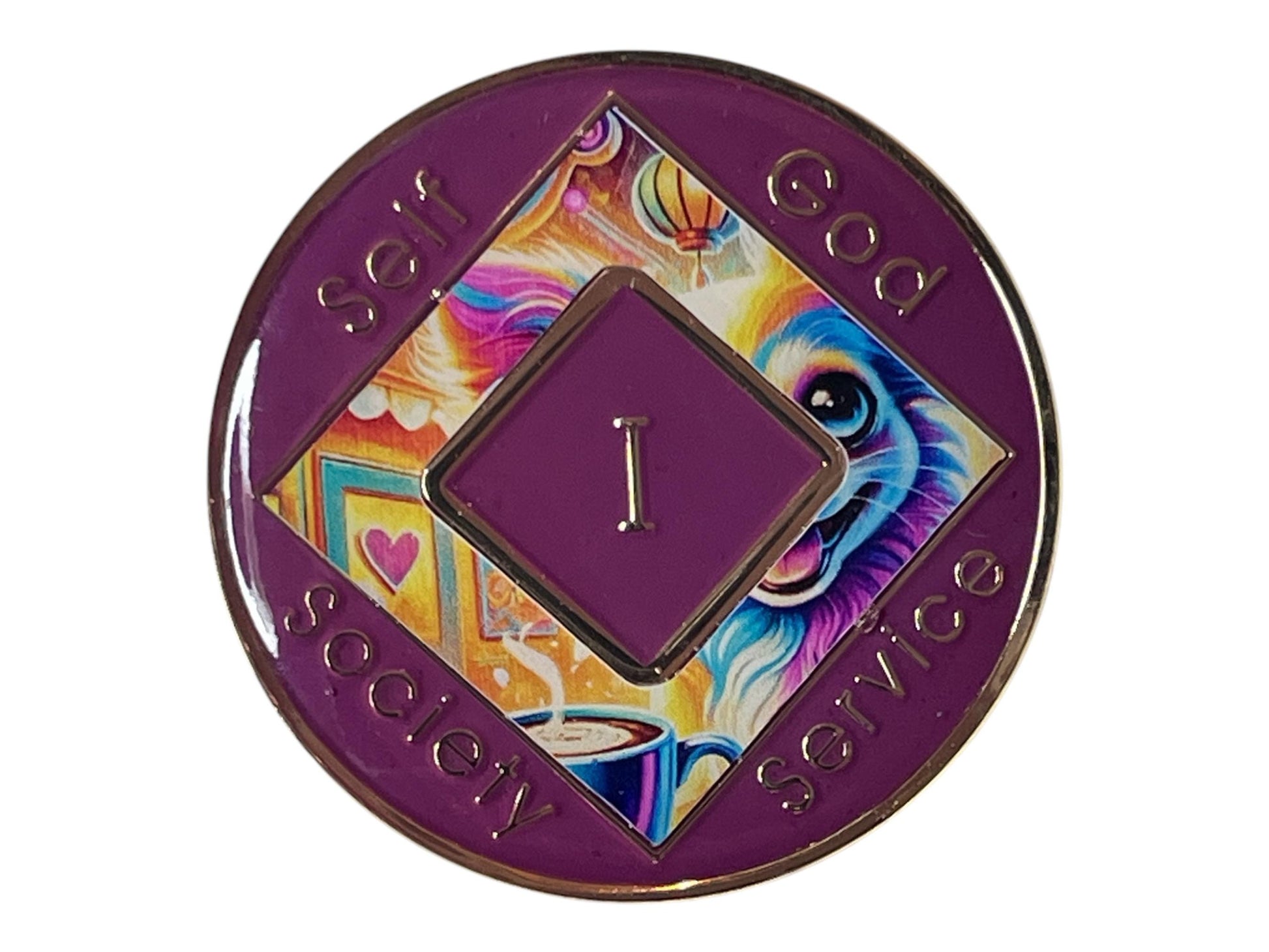 Narcotics Anonymous recovery medallion featuring a colorful chihuahua with a coffee cup and cozy café background, symbolizing warmth, comfort, and daily renewal in recovery. The coin includes the NA logo, Roman numeral I, and words “Self, God, Society, Service,” representing 1 year clean and spiritual growth.