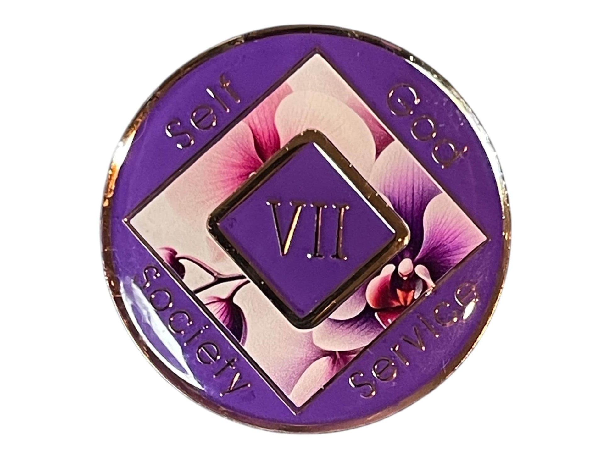 Narcotics Anonymous 7-year recovery medallion featuring elegant purple and pink orchid flowers symbolizing renewal and spiritual growth. The coin has a rich purple border engraved with “Self, God, Society, Service,” with Roman numeral VII in the center, representing seven years clean and continued serenity in recovery.