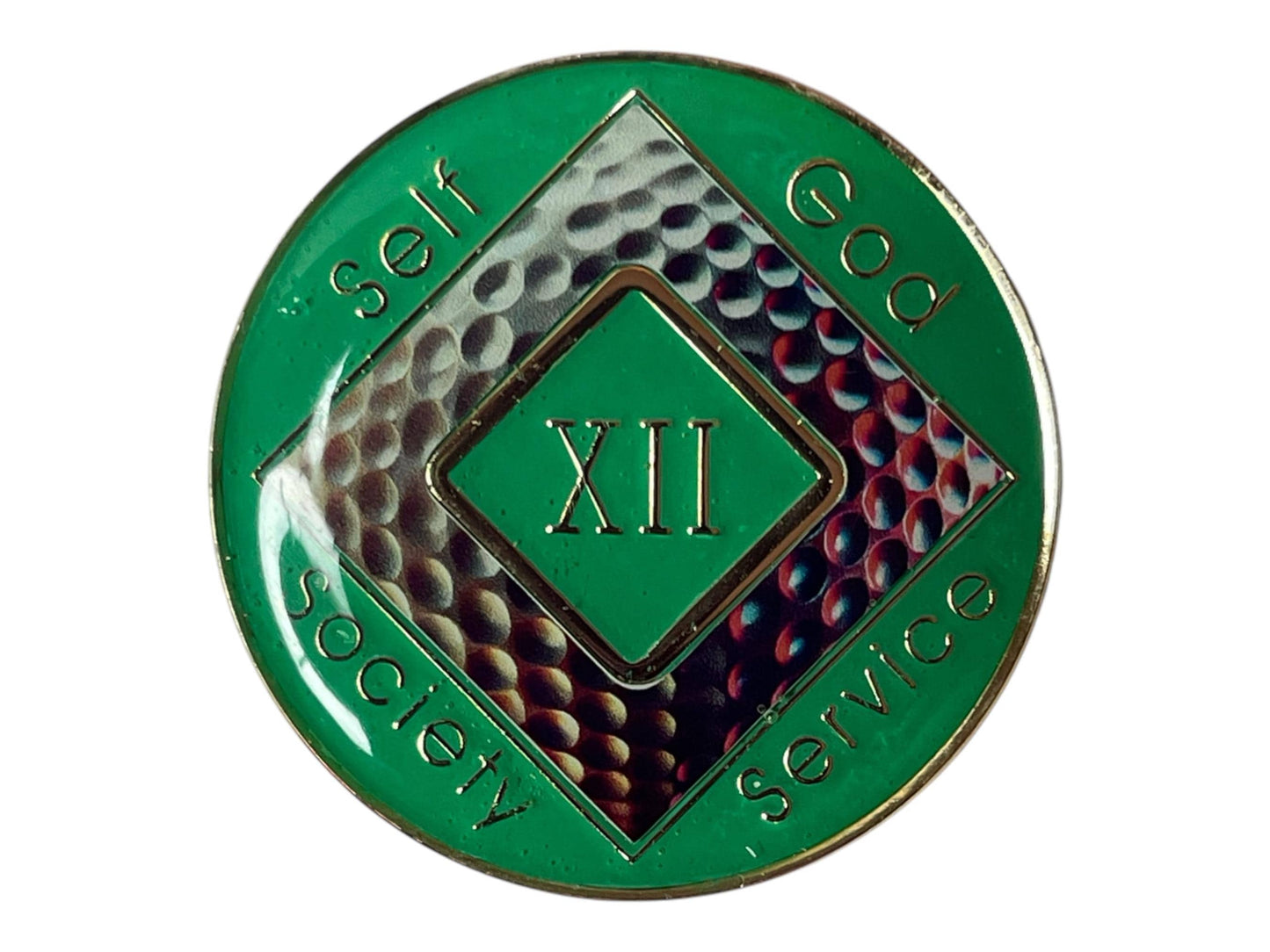 Narcotics Anonymous recovery medallion with a golf ball design, symbolizing focus, balance, and discipline in sobriety, featuring the NA logo with green enamel border and metallic detailing.
