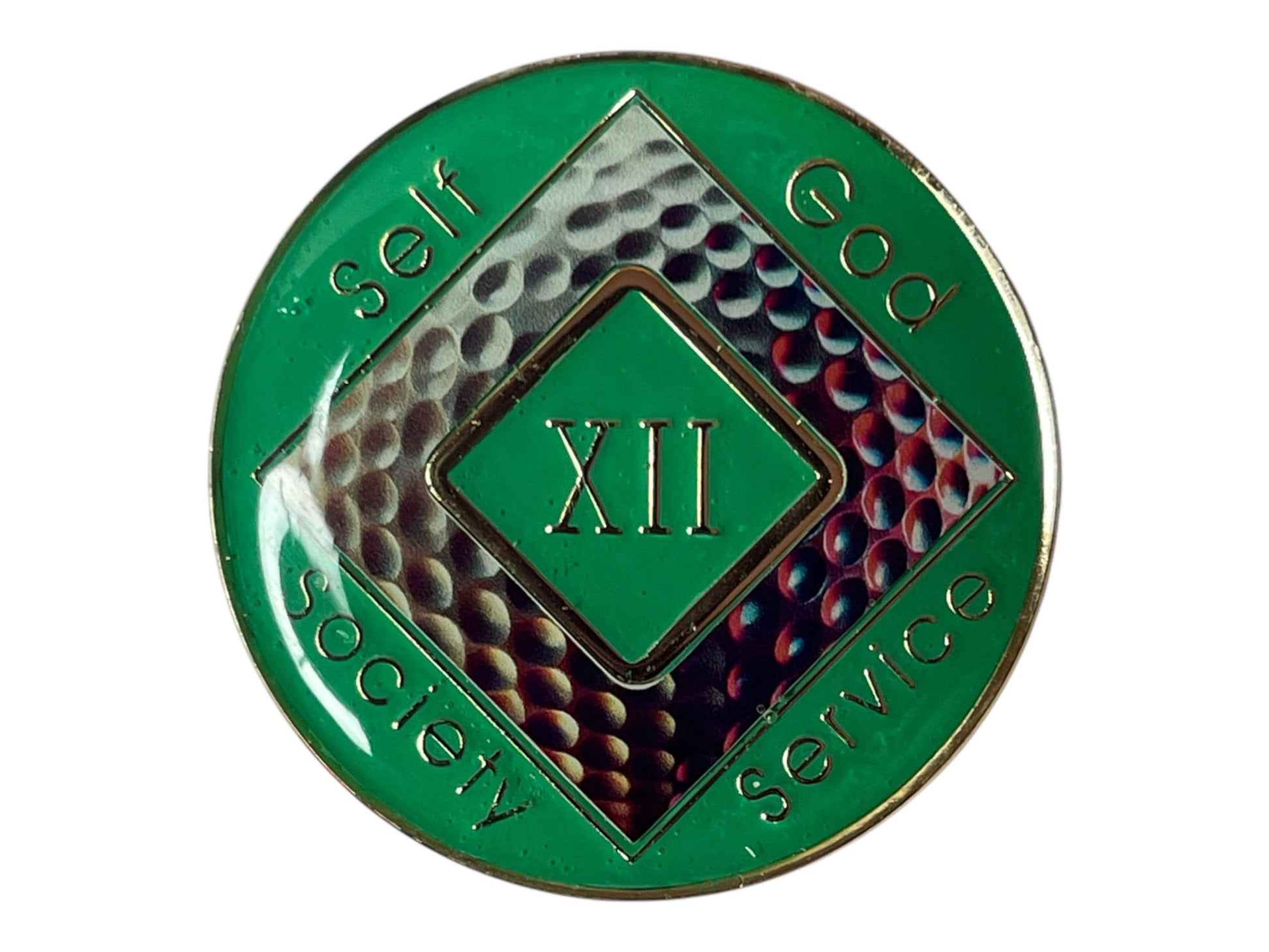 Narcotics Anonymous recovery medallion with a golf ball design, symbolizing focus, balance, and discipline in sobriety, featuring the NA logo with green enamel border and metallic detailing.