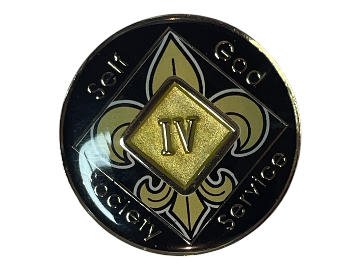 Narcotics Anonymous 4-year gold and black medallion featuring the NA logo with a fleur-de-lis background and the Roman numeral IV in the center diamond, symbolizing four years of clean time, recovery, and spiritual growth.