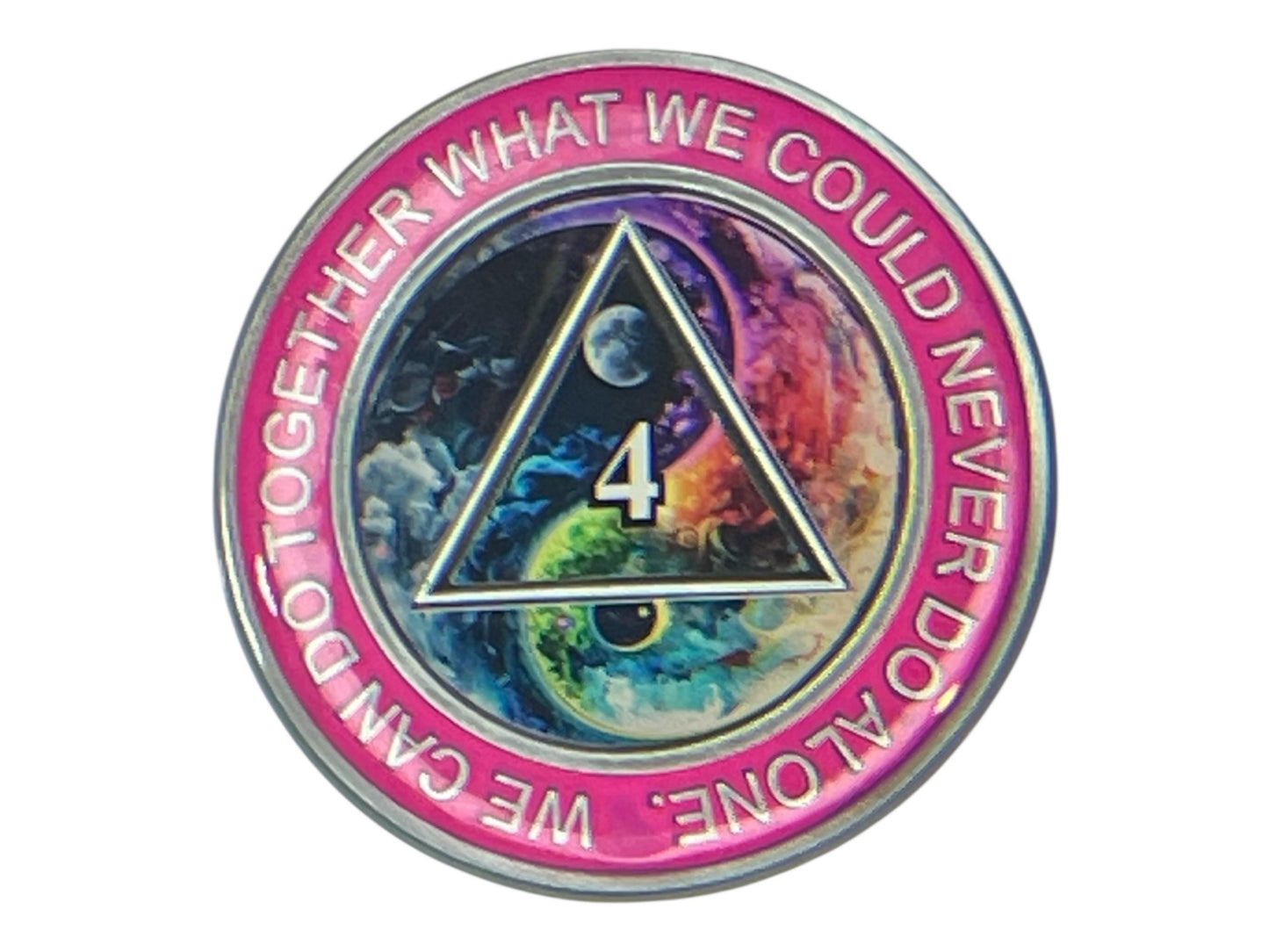 Pink AA medallion with the quote “We can do together what we could never do alone” surrounding a cosmic yin-yang design featuring the moon and earth inside a triangle with the number 4 in the center. Symbolizes four years of sobriety, unity, and balance in recovery.