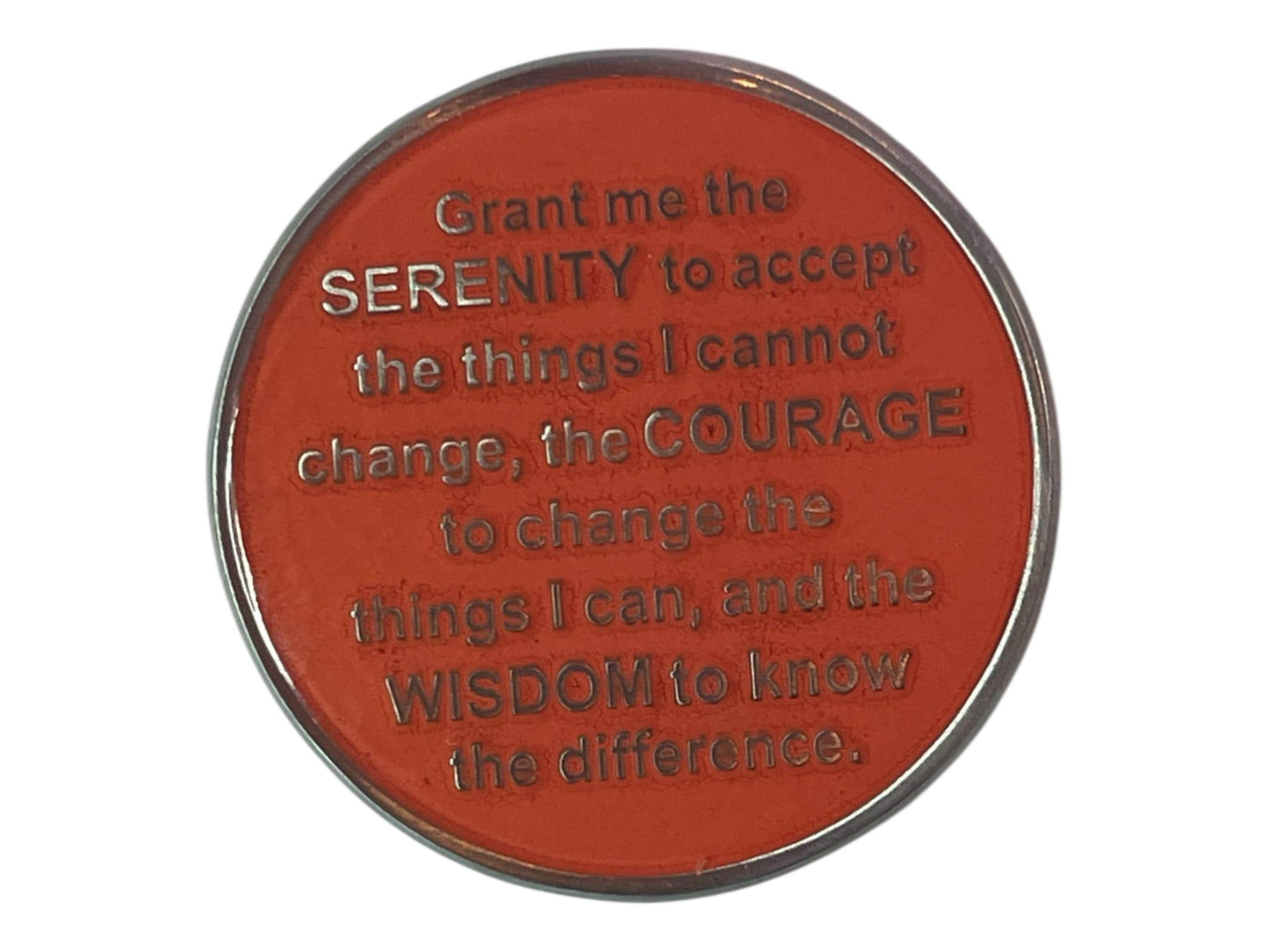 Orange AA medallion engraved with the Serenity Prayer: “Grant me the serenity to accept the things I cannot change, the courage to change the things I can, and the wisdom to know the difference.” Symbolizes faith, strength, and wisdom in recovery and personal growth.