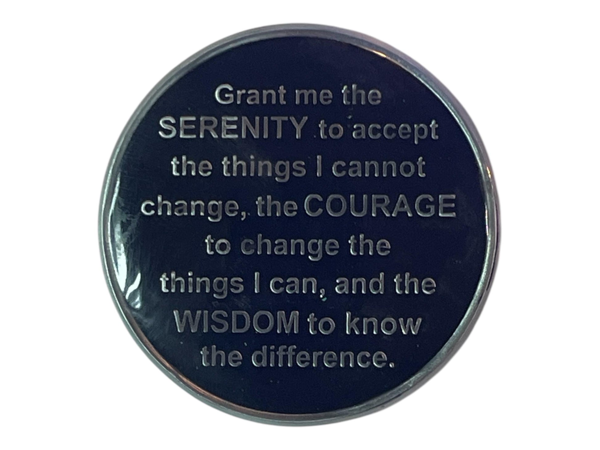 Navy blue AA medallion engraved with the Serenity Prayer: “Grant me the serenity to accept the things I cannot change, the courage to change the things I can, and the wisdom to know the difference.” The silver lettering contrasts with the deep blue background, symbolizing calm, courage, and clarity in recovery.