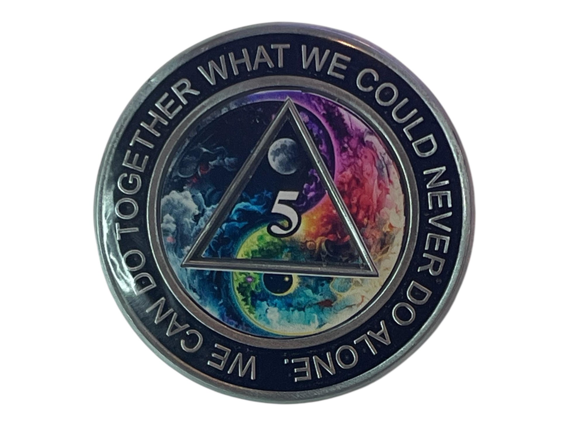 Black AA medallion with the phrase “We can do together what we could never do alone,” featuring a cosmic yin-yang design inside a triangle with the number 5. The artwork blends night and day, symbolizing five years of sobriety, unity, and spiritual balance in recovery.