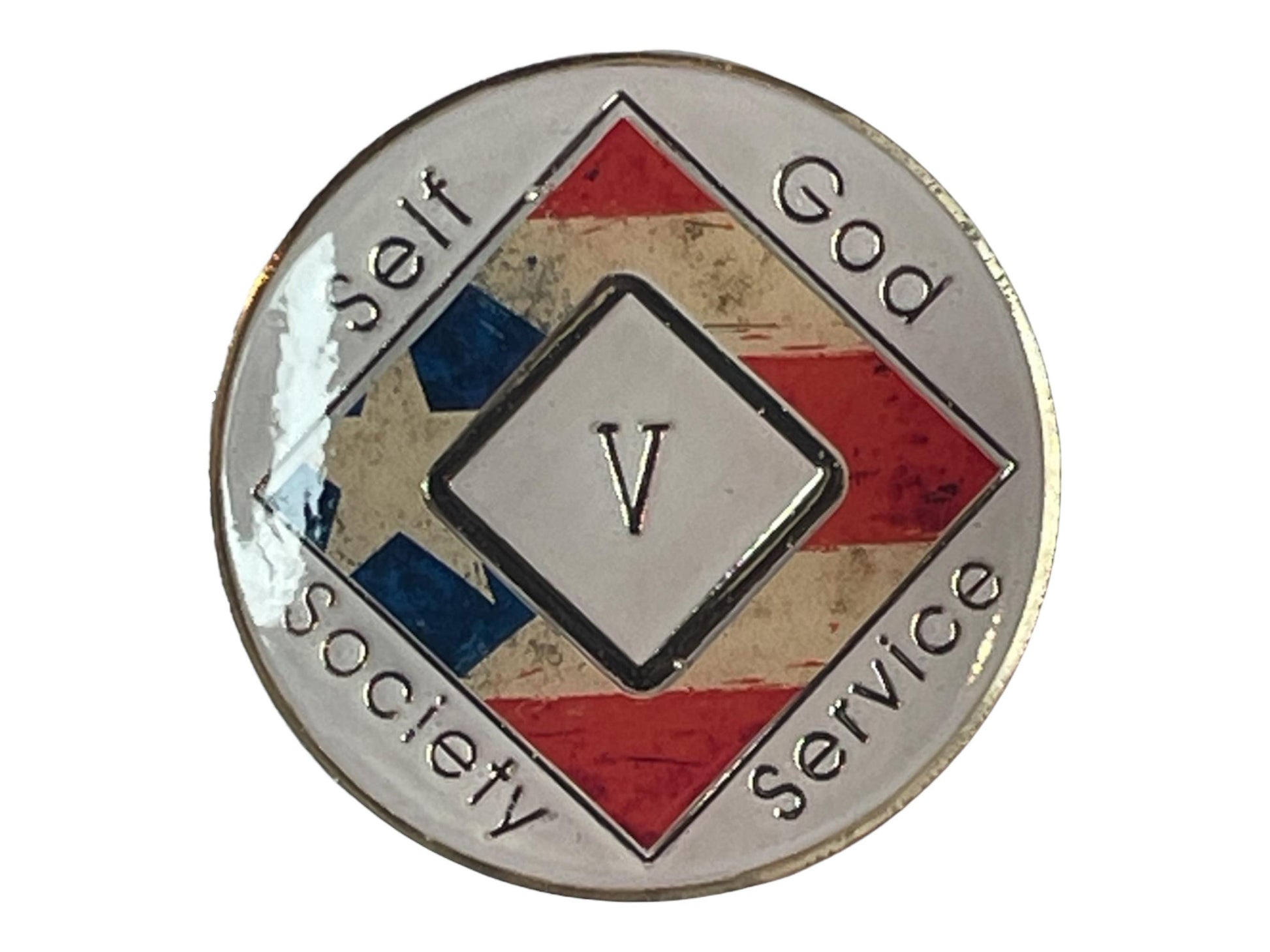 Narcotics Anonymous 5-year recovery medallion with a rustic Puerto Rican flag background symbolizing cultural pride, resilience, and the strength of recovery. The medallion features the NA logo in the center, surrounded by the words “Self, God, Society, Service,” with a silver border and Roman numeral V in the center diamond representing five years clean and continued growth.