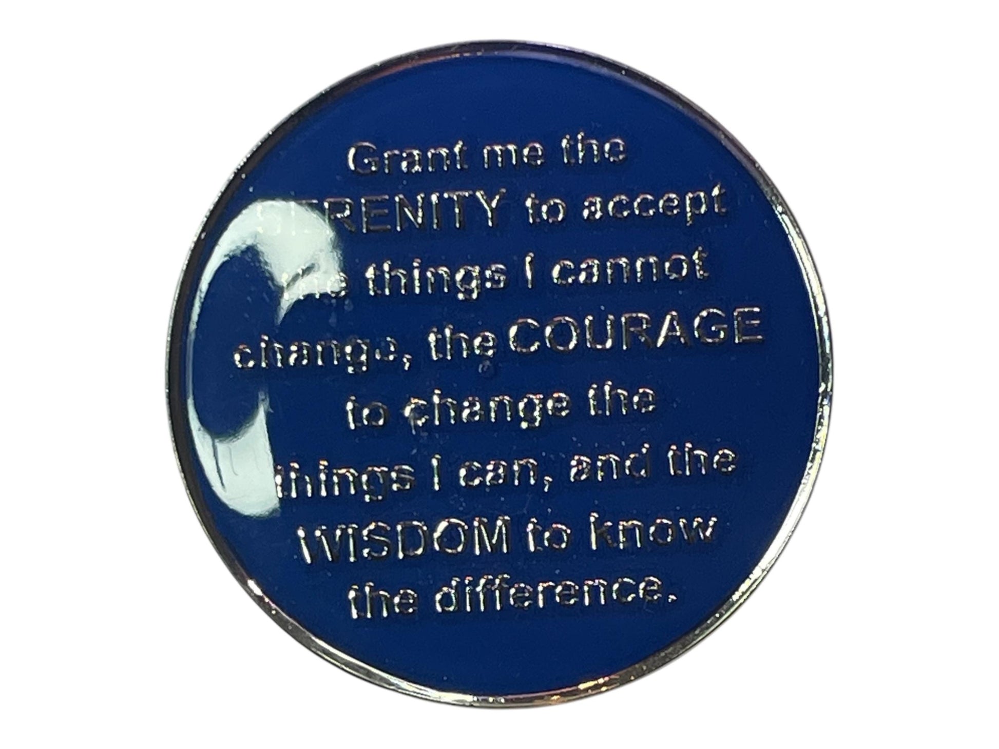 Dark blue AA medallion with the Serenity Prayer engraved in silver text, Alcoholics Anonymous sobriety token, inspirational recovery chip, faith and courage quote coin, spiritual AA gift for sobriety anniversary.