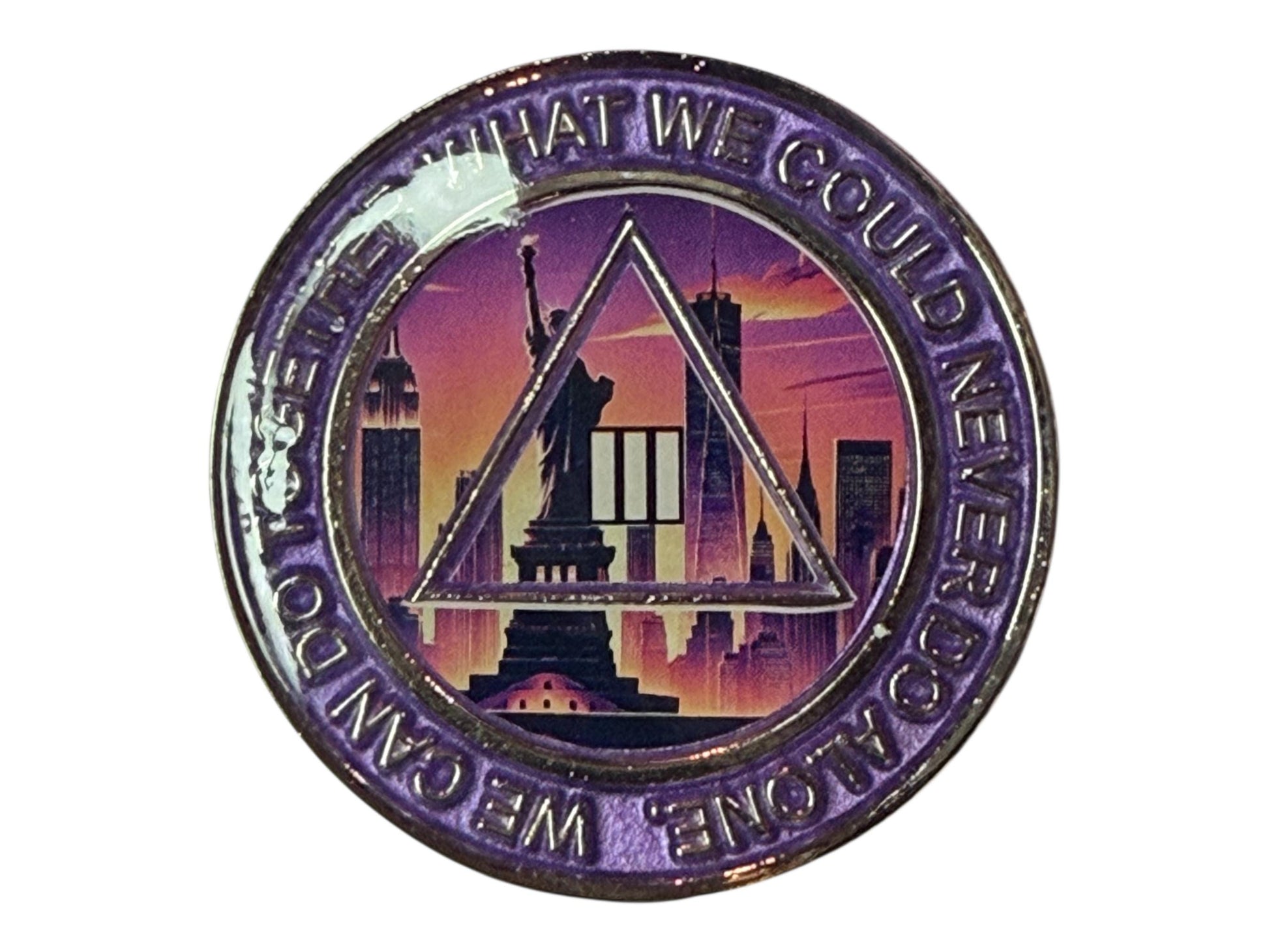 Alcoholics Anonymous 3-year sobriety medallion featuring the Statue of Liberty and New York City skyline at sunset, symbolizing freedom and hope in recovery. The coin has a purple border with the phrase “We Can Do Together What We Could Never Do Alone,” and the AA triangle logo with the Roman numeral III in the center, representing unity, recovery, and service.