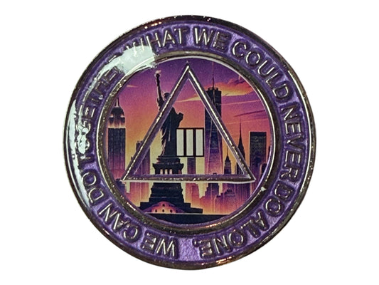 Alcoholics Anonymous 3-year sobriety medallion featuring the Statue of Liberty and New York City skyline at sunset, symbolizing freedom and hope in recovery. The coin has a purple border with the phrase “We Can Do Together What We Could Never Do Alone,” and the AA triangle logo with the Roman numeral III in the center, representing unity, recovery, and service.
